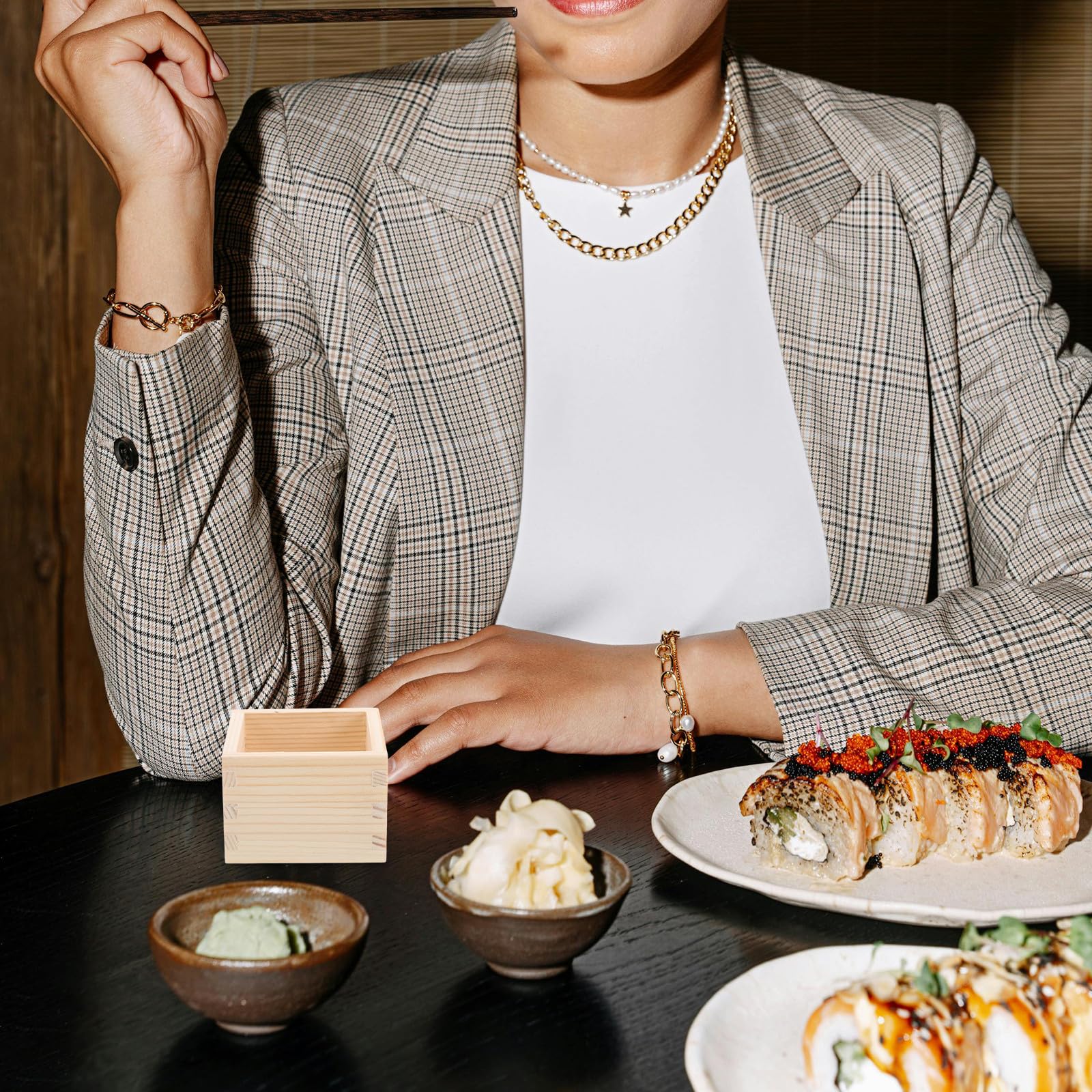 4 Pezzi Set 4 Tazze da Sakè Giapponesi Masu in Legno Naturale Rettangolari 8,1x5,6 Cm Scatola di Legno per Sushi Bar e Ristoranti, Stoviglie Giapponesi per Feste e Uso Domestico
