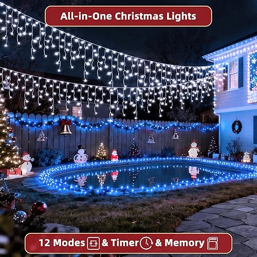 Miniatura 9 de Luces LED de Navidad para exteriores de 66 pies, 490 LED con 8 modos para decoración navideña de la casa (blanco frío y azul)