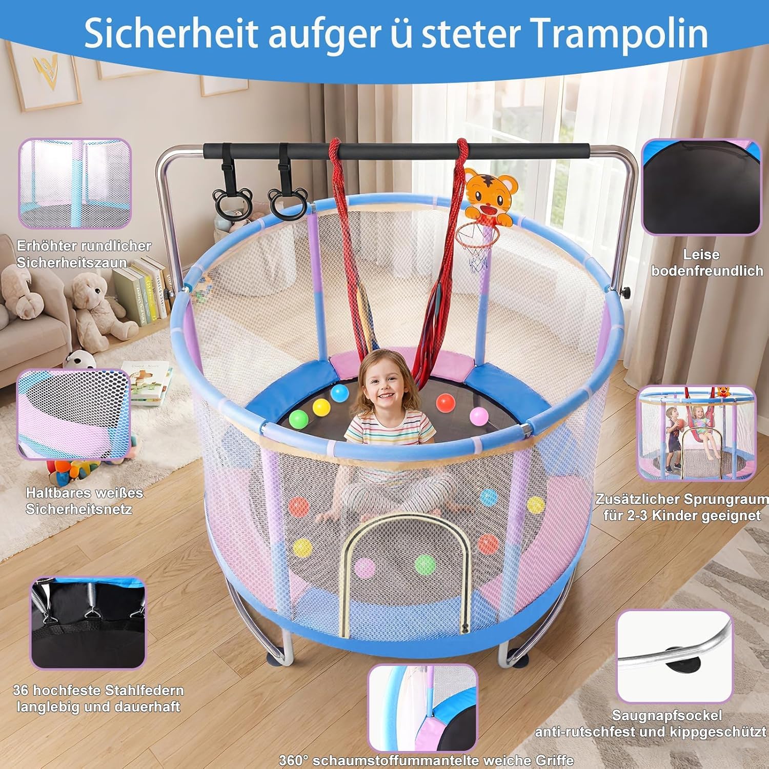 1.5m Kindertrampolin, Multifunktionales und Verstellbares mit Basketballkorb, Schaukel und Klimmzugringen, Geeignet für Innen- und Außenbereich zum Geburtstag