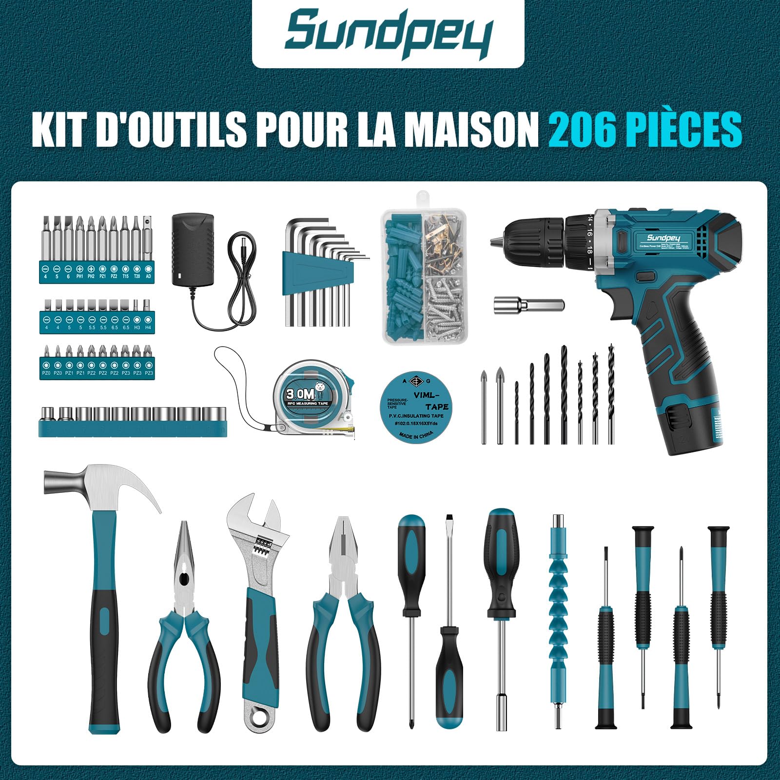 Sundpey Caisse a Outil 206 Pcs, Visseuse Devisseuse Sans Fil 12V pour Serrer/Desserrer des vis, Malette Outils avec Perceuse-Visseuse pour Bureau, Réparation à Domicile avec Tournevis et Pinces, Bleu
