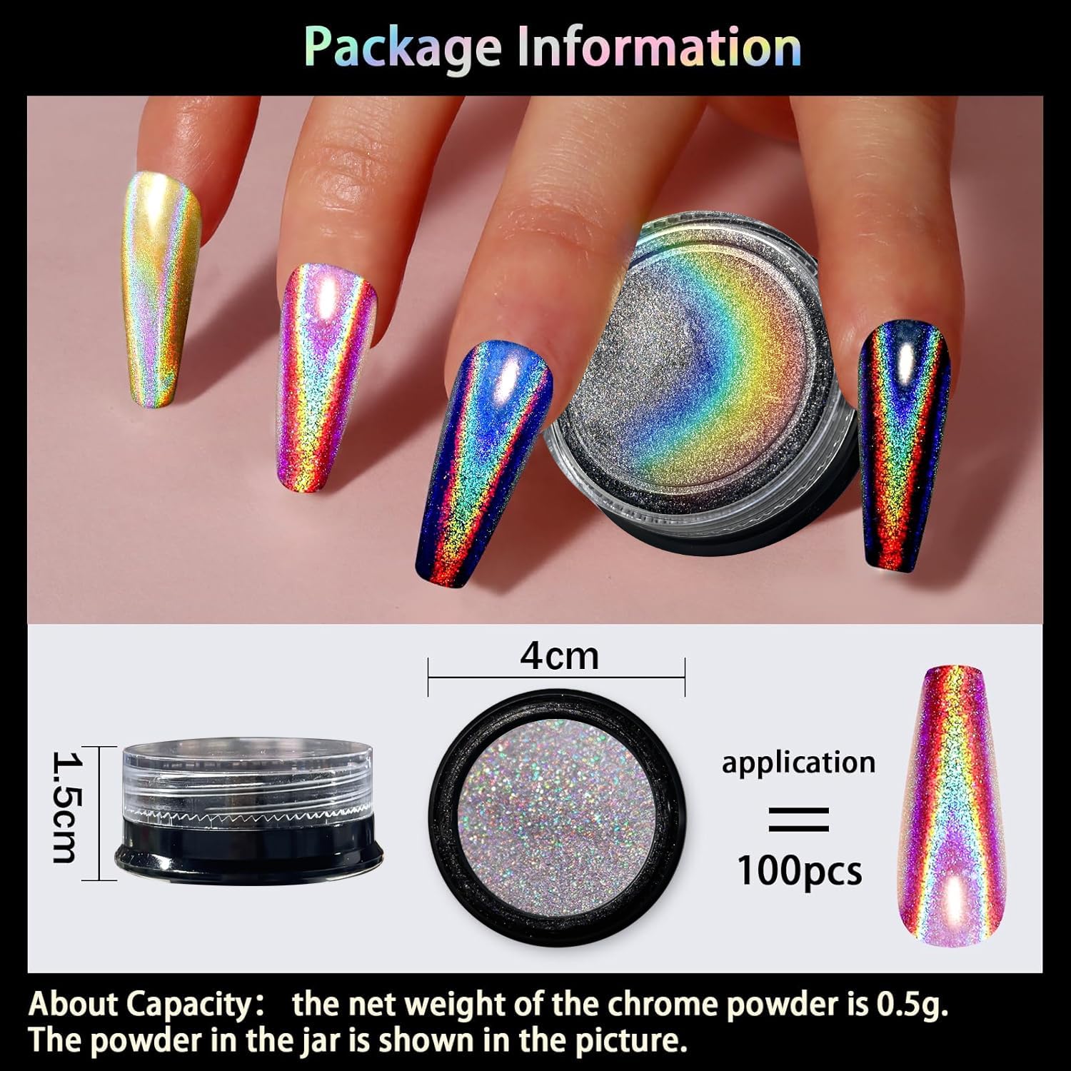 BISHENGYF Holographic Chrome Nail Powder, 1g Mirror Laser Effect Iridescent Holo Nail Chrome Powder - Image 2