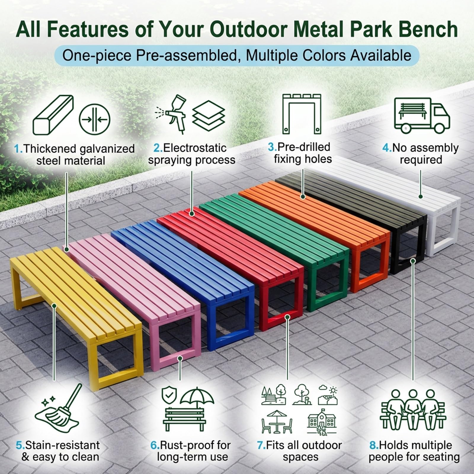 Banc de jardin moderne en métal avec dossier nu, imperméable de 120 cm de long, chaise longue pour intérieur/extérieur, siège de parc multicolore – Parfait pour les écoles, les cours et les jardins.