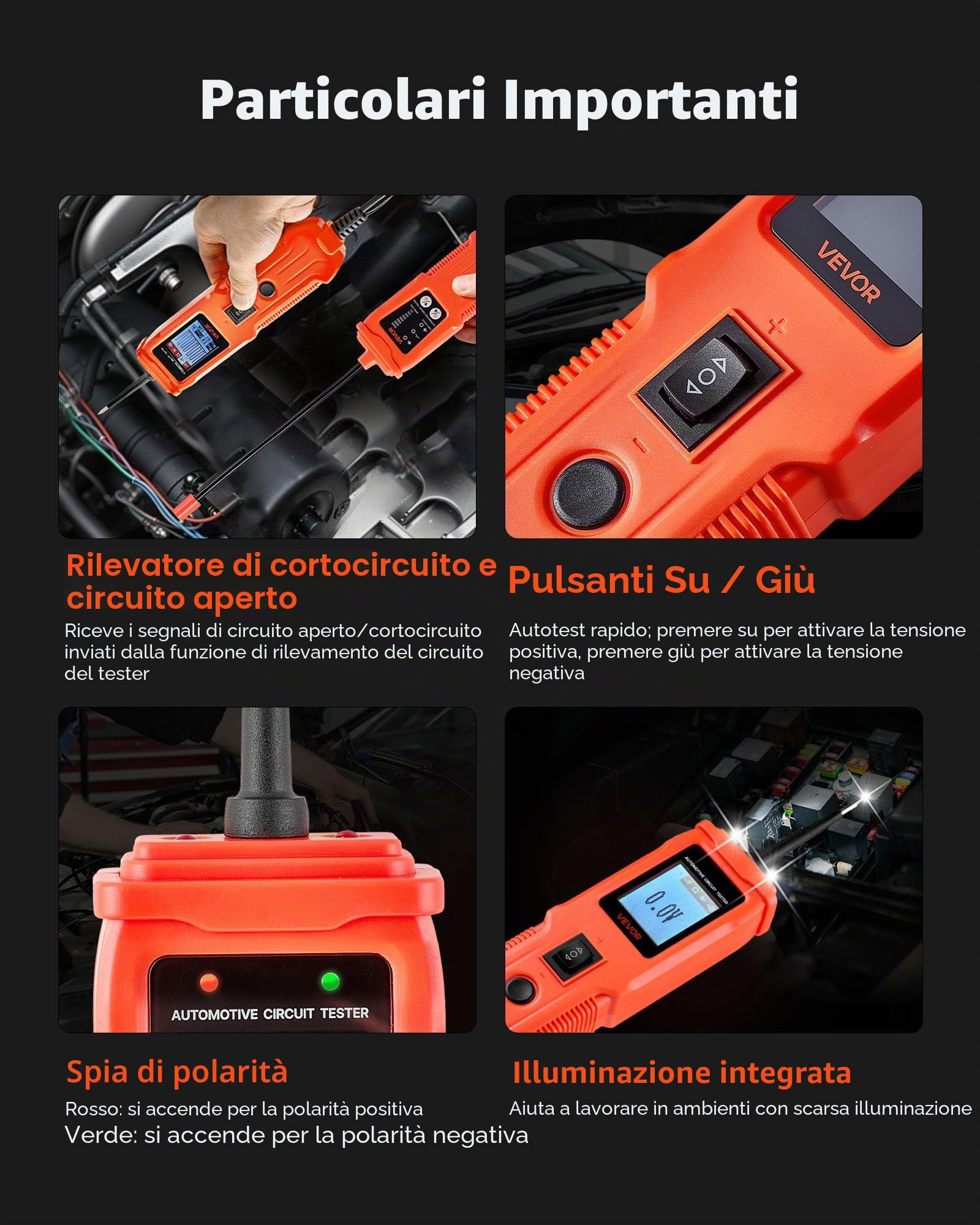 VEVOR Tester Elettrico per Circuiti Automobilistici, Tester di Tensione CC 8-35V con Cavo da 6 m, Display a Colori TFT Illuminazione, Test di Polarità, Continuità, Tracciamento di Linee, Diodo