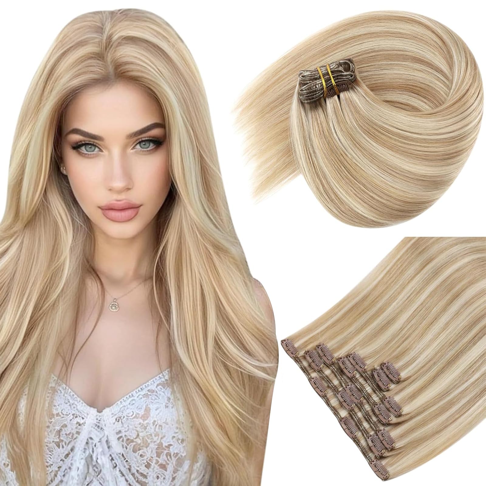 Sunny Hair Clip in Hair Extensions Real Human Hair Double Weft Remy Hair Clip in Extensions Human Hair for Women Full Head Blonde Highlights 14inch