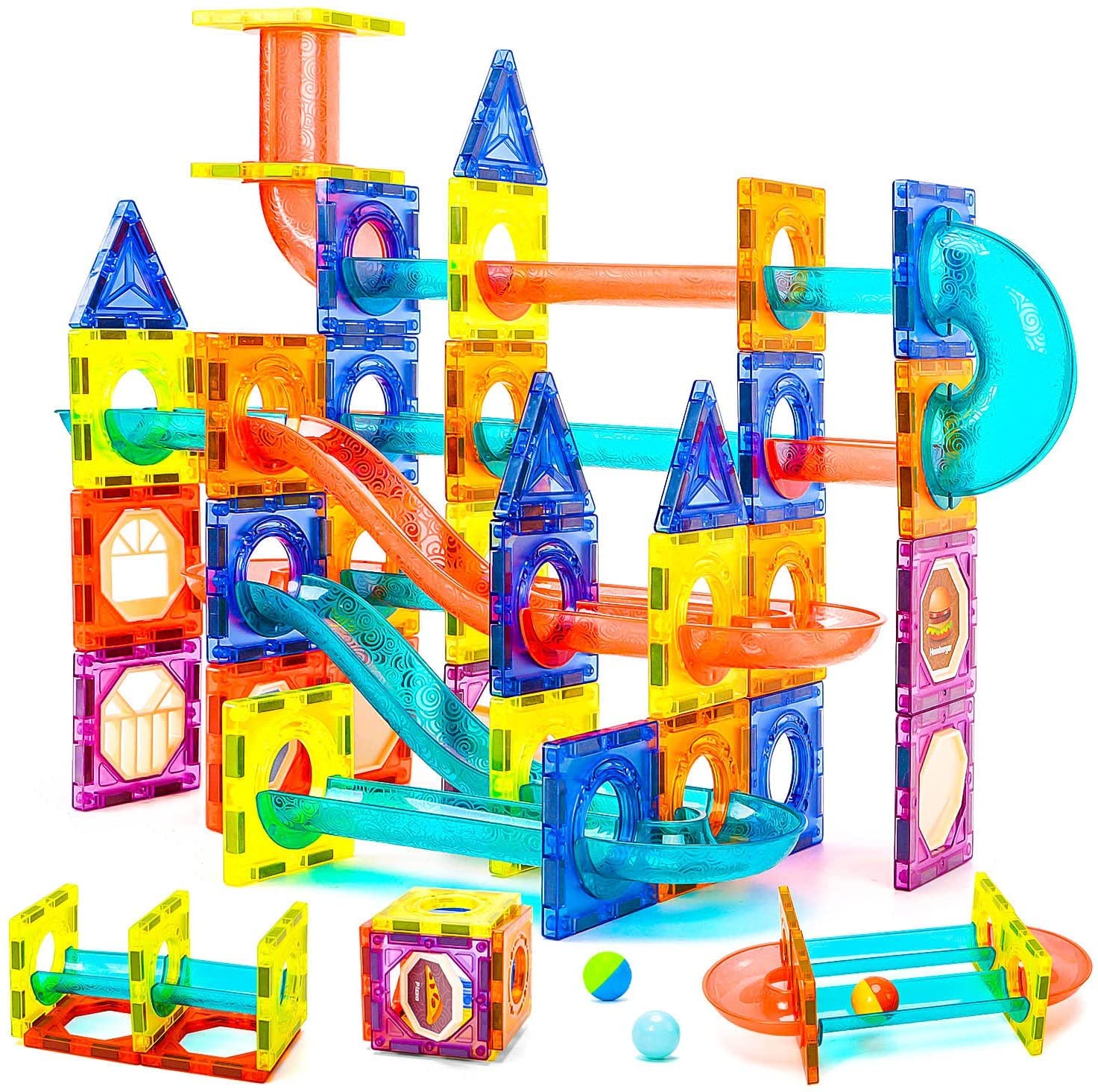 Magnetic Tiles Marble Run for Kids, 98PCS Clear 3D Building Blocks Set Race Track Toy Construction Kit Castle Building Blocks for Toddlers Kids Aged 3 4 5 6 7 8 9 10+ Years Old