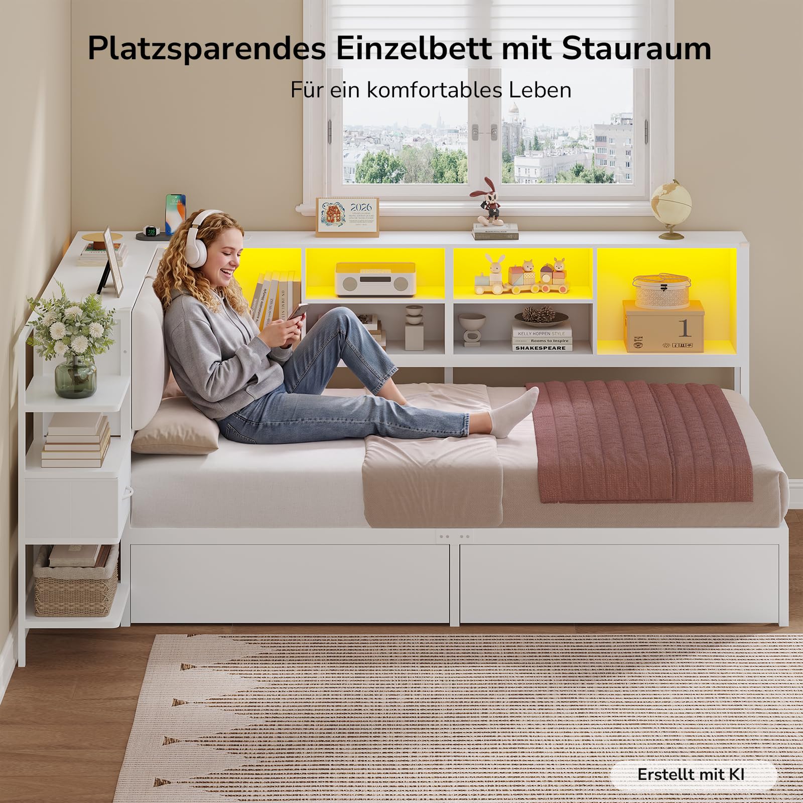 Jugendbett 90x200 in Weiß mit LED, Stauraum & Nachttisch – Polster-Einzelbett mit 2 Schubladen, USB/Typ-C, klappbarem Kopfteil, L/R montierbar, o. Matratze