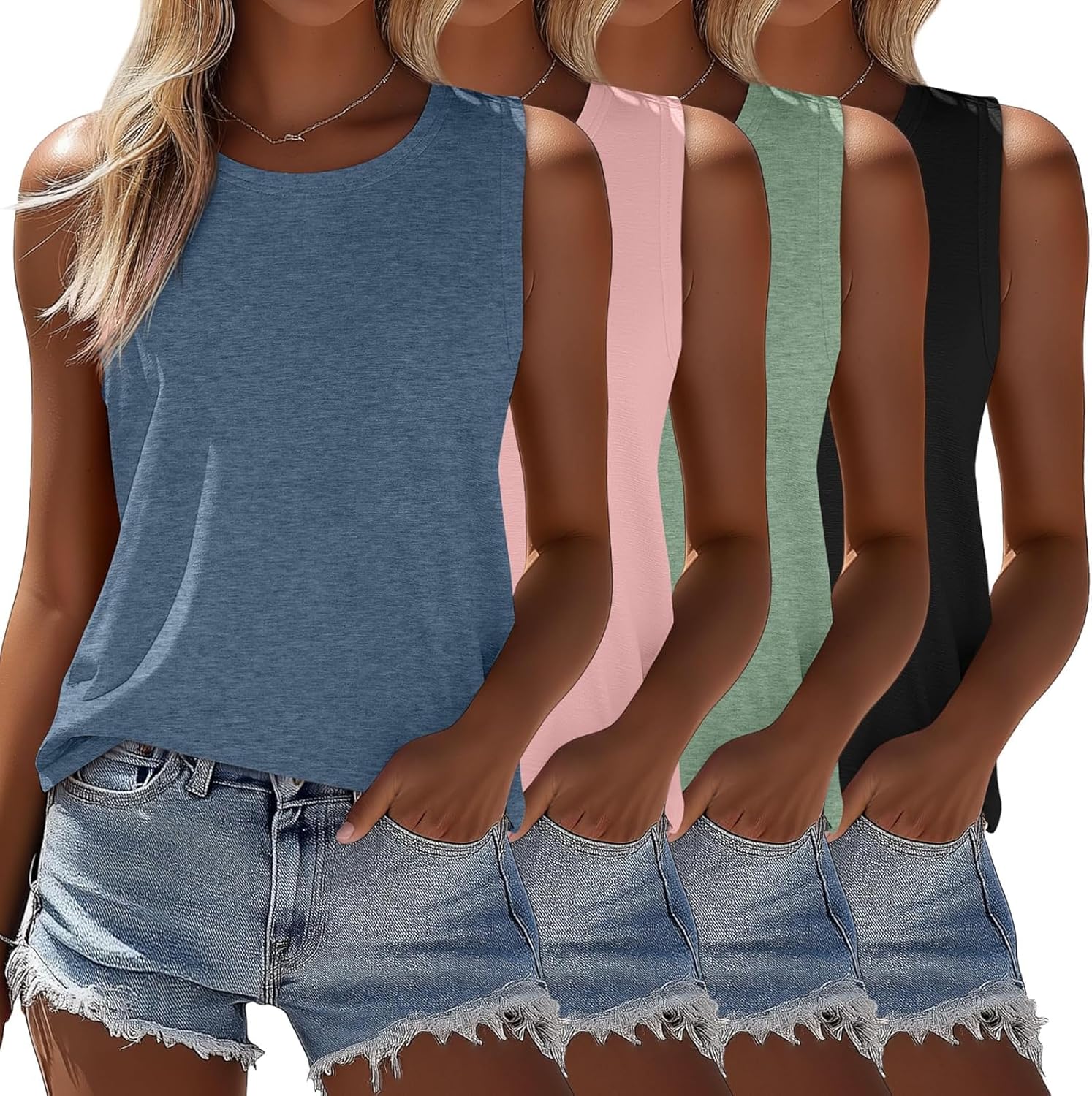 Ficerd 4 Pack Women's Sleeveless Tops, Casual Summer Loose Fit T Shirts Solid Color Tunic Tank Tops Ladies' Crew Neck