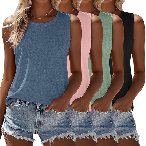 Ficerd 4 Pack Women's Sleeveless Tops, Casual Summer Loose Fit T Shirts Solid Color Tunic Tank Tops Ladies' Crew Neck