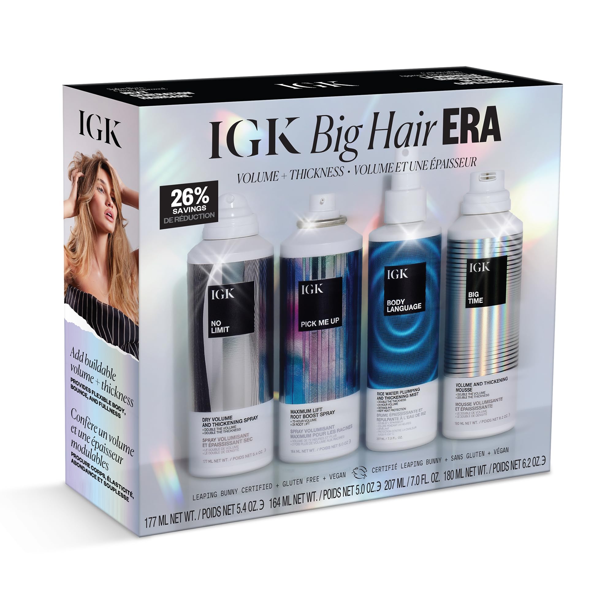 IGK Volume Kit Holiday 2025 – 4-Piece Volumizing Hair Set with NO LIMIT Dry Volume Spray, BODY LANGUAGE Rice Water Mist, PICK ME UP Root Spray & BIG TIME Volume + Thickening Mousse – Full Size