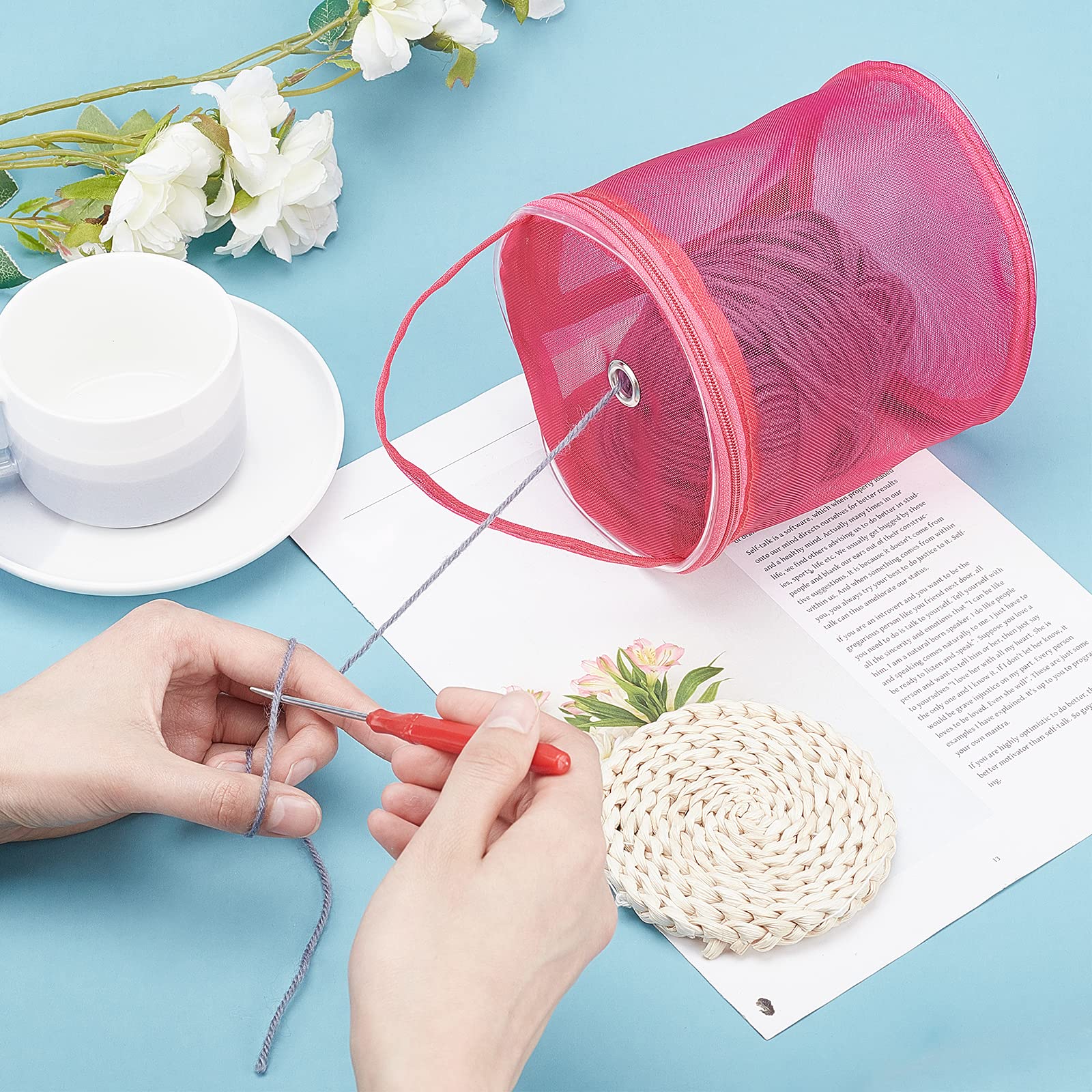 NBEADS 2 Pcs Empty Mesh Yarn Bags, Portable Knitting Bag Organza Storage Cases Tote Bags Crochet Thread Sewing Accessories for Yarn Storage (Fuchsia and Purple)