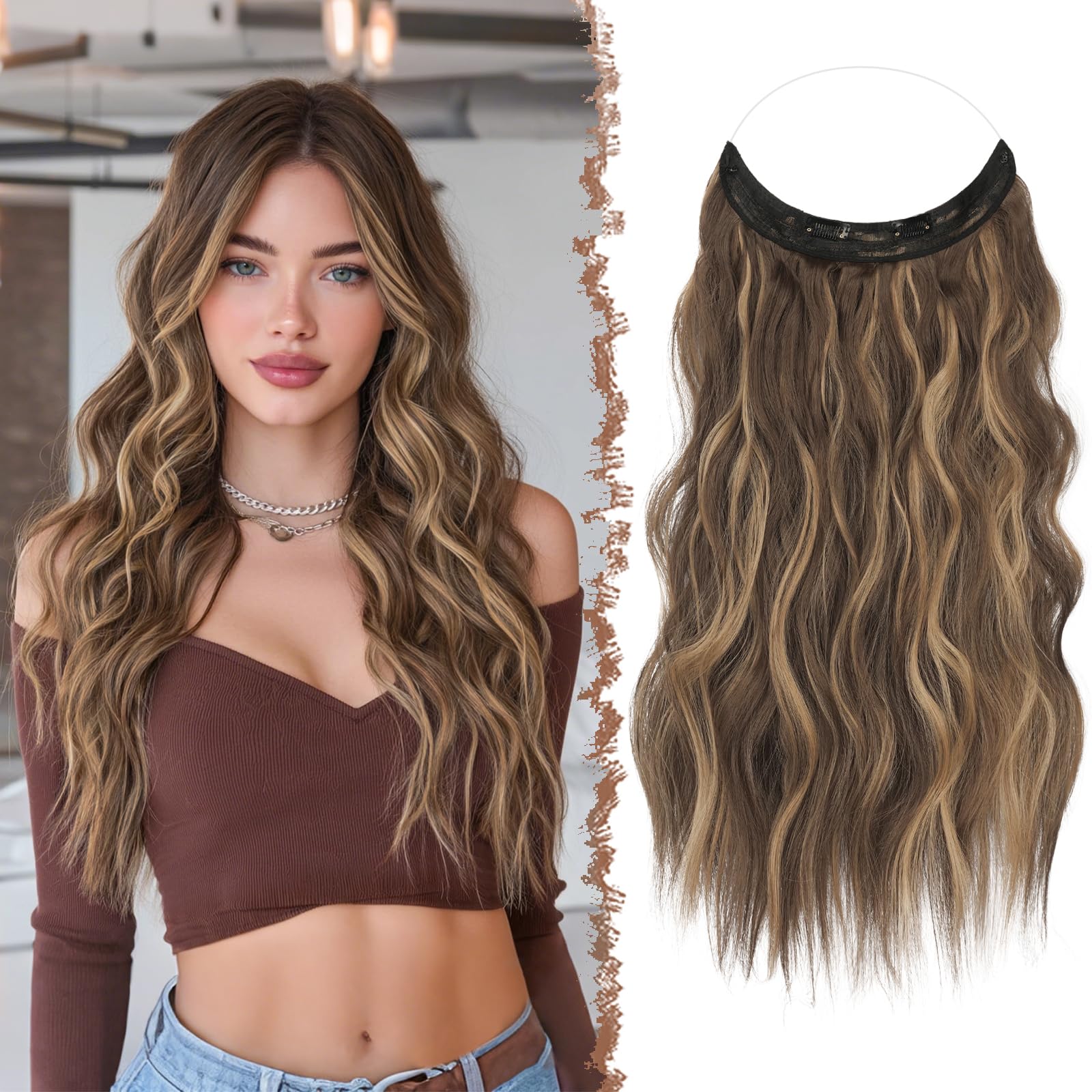 FESHFEN Extensiones Hilo Invisible Largo Ondulado Rizado Secret Extensión Invisible de Pelo sin Clips Sintética Postizos para Mujer, Rubio Miel Mixto Castaño Claro 50 cm