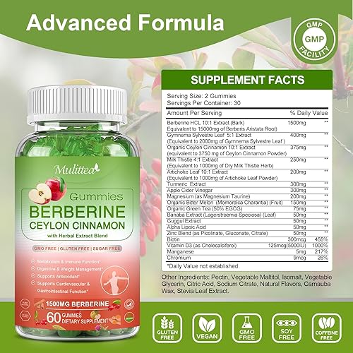 Miniatura 6 de Berberina con gomitas de canela de Ceilán, 1500 mg de alta potencia más extractos de hierbas, 10 veces biodisponibilidad para el sistema