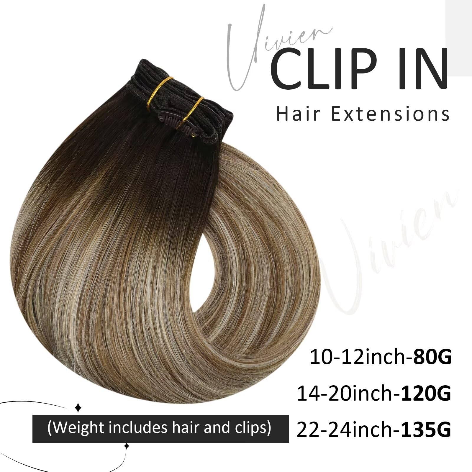 Vivien Human Hair Extensions Clip in Brown Balayage 24 Inch Invisible Clip in Extensions Natural Hair Brown Ombre Light Blonde for Women Long 7Pcs 135g #3/8/24 - Image 2