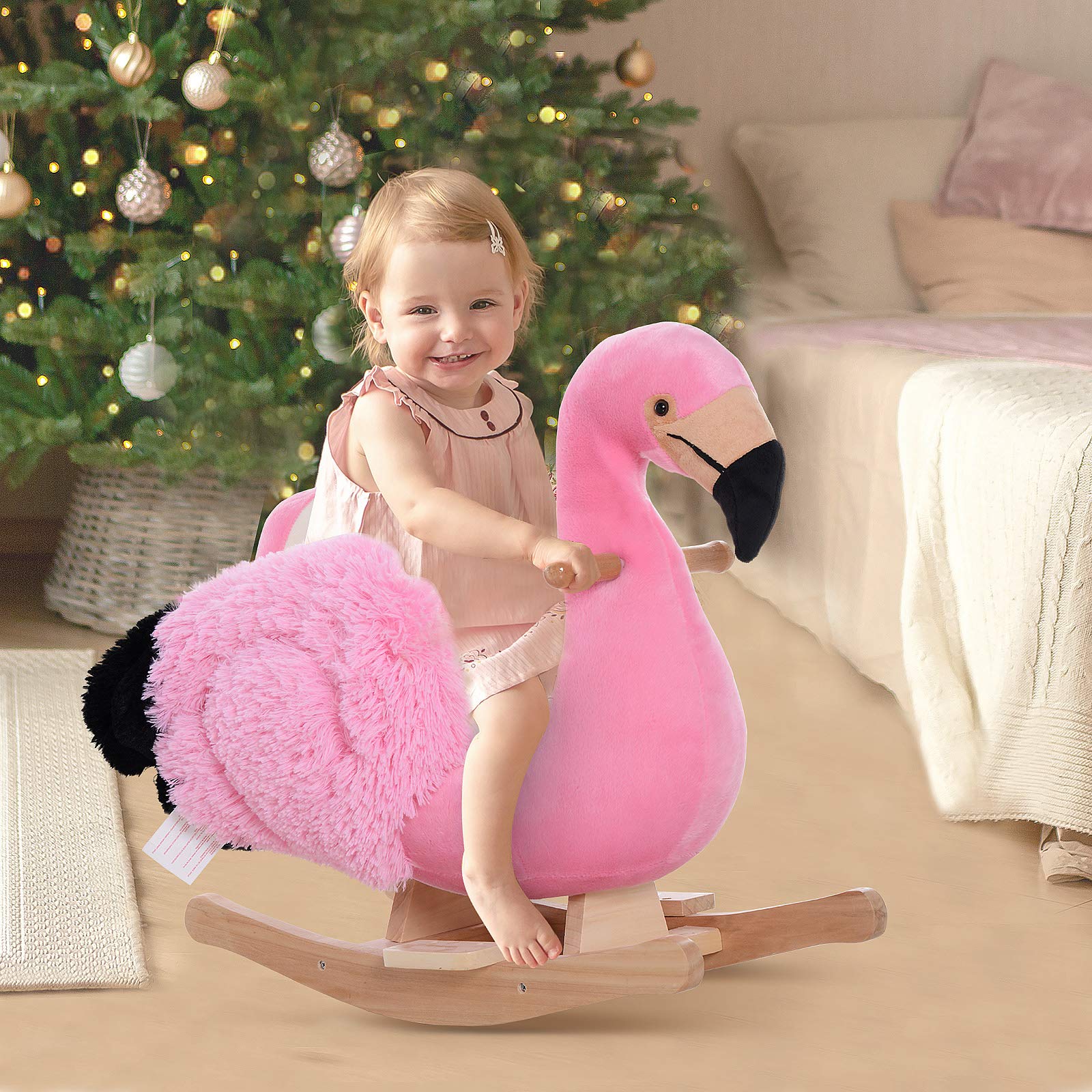 HOMCOM Cavallo a Dondolo per Bambini, Fenicottero a Dondolo per Bambini dai 18 Mesi in Legno con Cinture di Sicurezza, Rosa