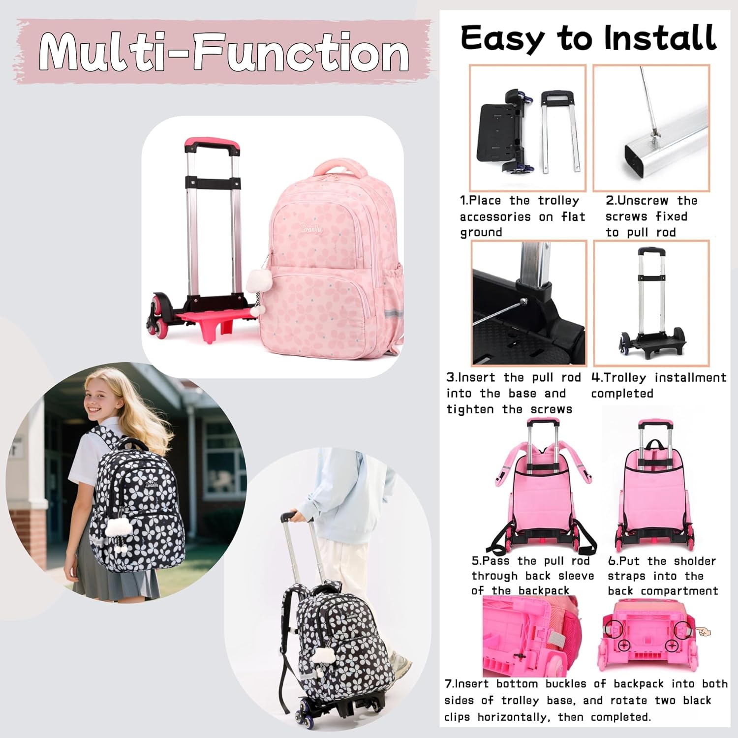 Bansusu 3Pcs Kids Rolling Backpack for Girls with Lunch Bag, Lucky Leaf School Bag Girls Roller Backpack with 6 Wheels, Pink