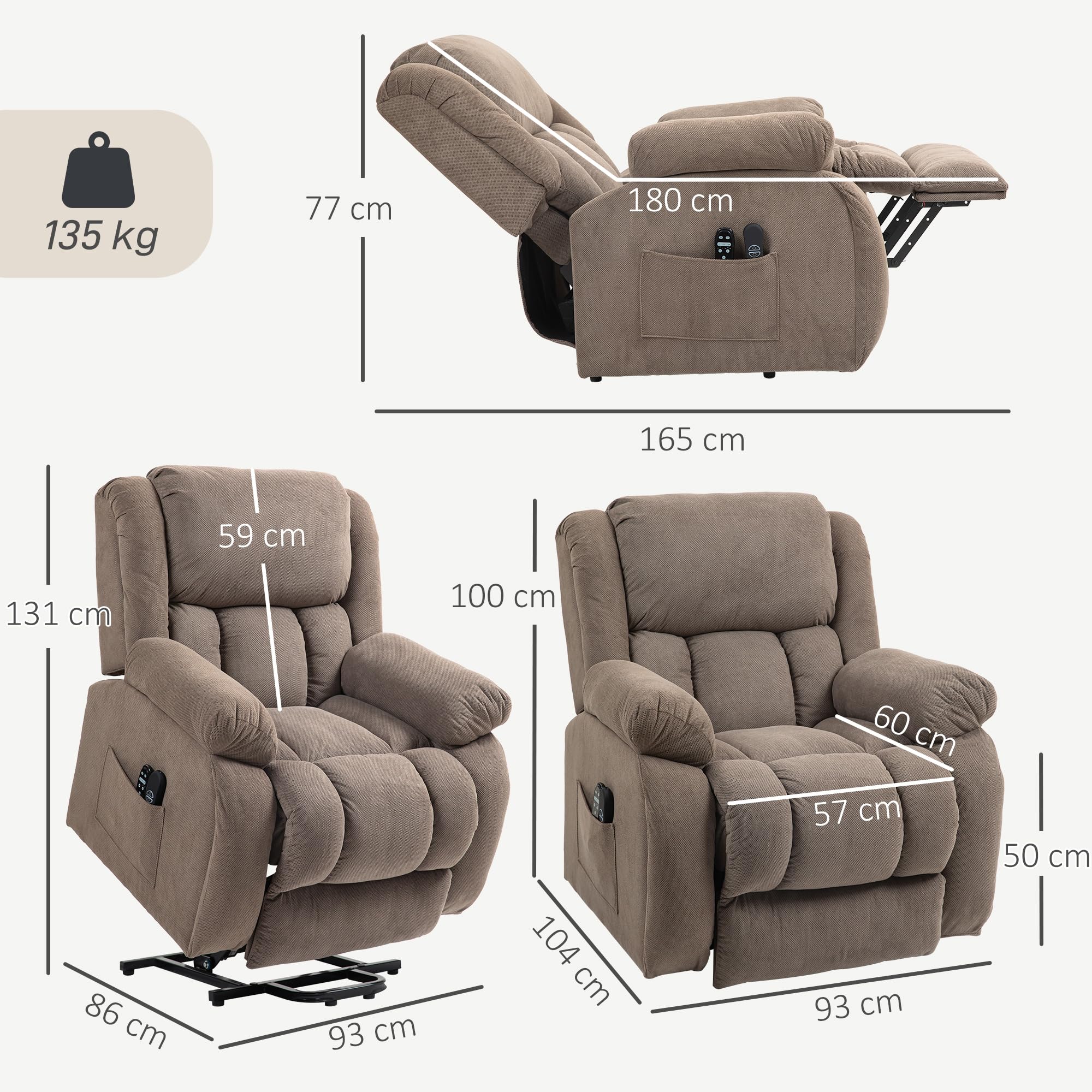 HOMCOM Fauteuil releveur électrique Chauffage et Massage par Vibration Fauteuil Relax électrique en Velours Dossier inclinable Assise Large Ports USB télécommande Repose-Pied Poche latérale Marron