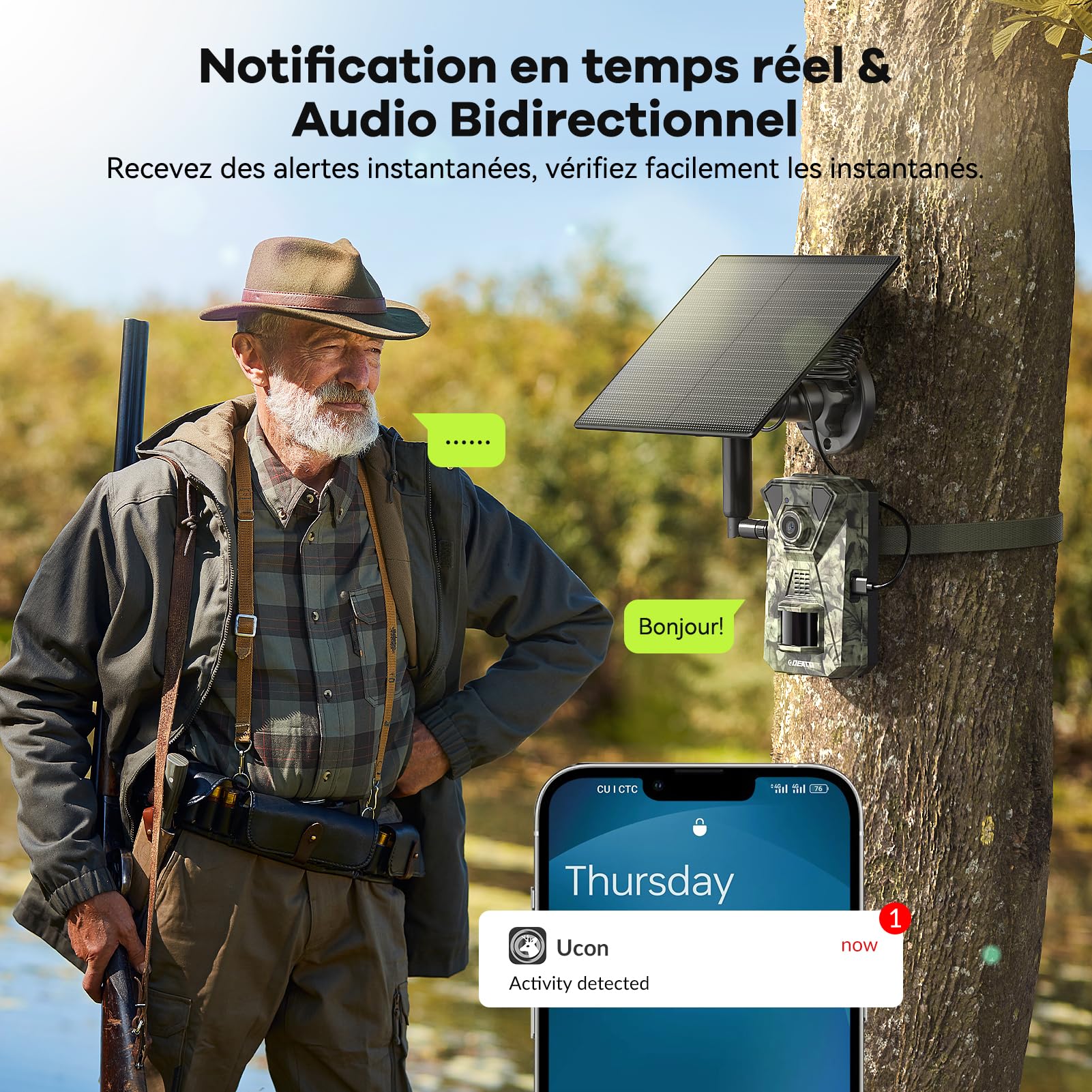 DEATTI 4G LTE Caméra de Chasse Connectée Téléphone, 2.7K HD Caméra Chasse Solaire avec Carte SIM Préinstallée, Vision Nocturne Animaux, Étanche IP66, Batterie 7800mAh (sans Carte SD)