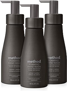 Method Premium Foaming Hand Wash, Vetiver + Amber, Reusable Black Aluminum Bottle, Biodegradable Formula, 10 fl oz (Pack of 3)