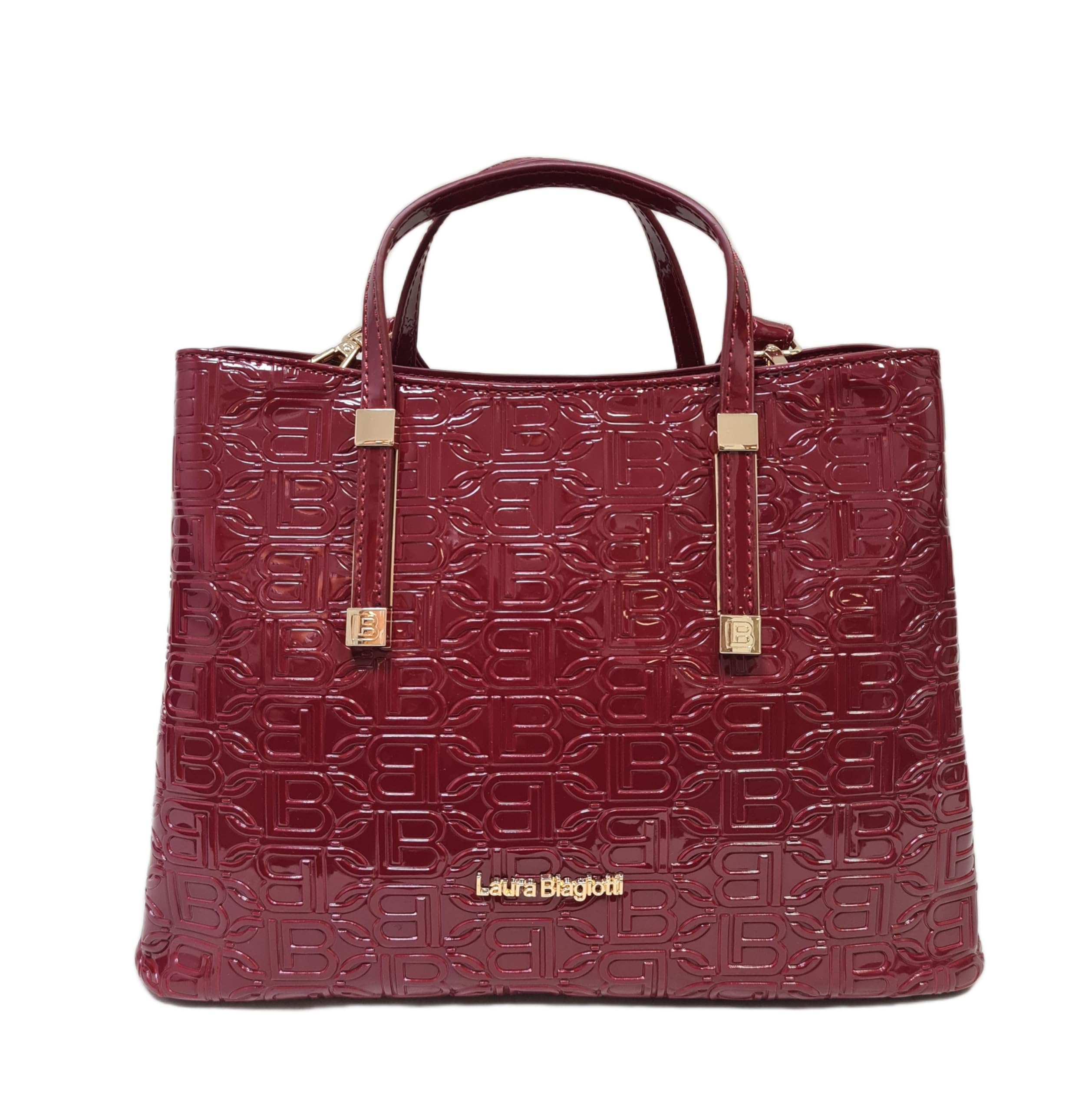 Laura Biagiotti Borsa Donna Linea Arcade, Pelle Sintetica Verniciata, Stampa LB, Manici Doppi e Tracolla Rimovibile, Dimensioni 30x12x22 cm, Accessori Oro ART.LB25W-250-1