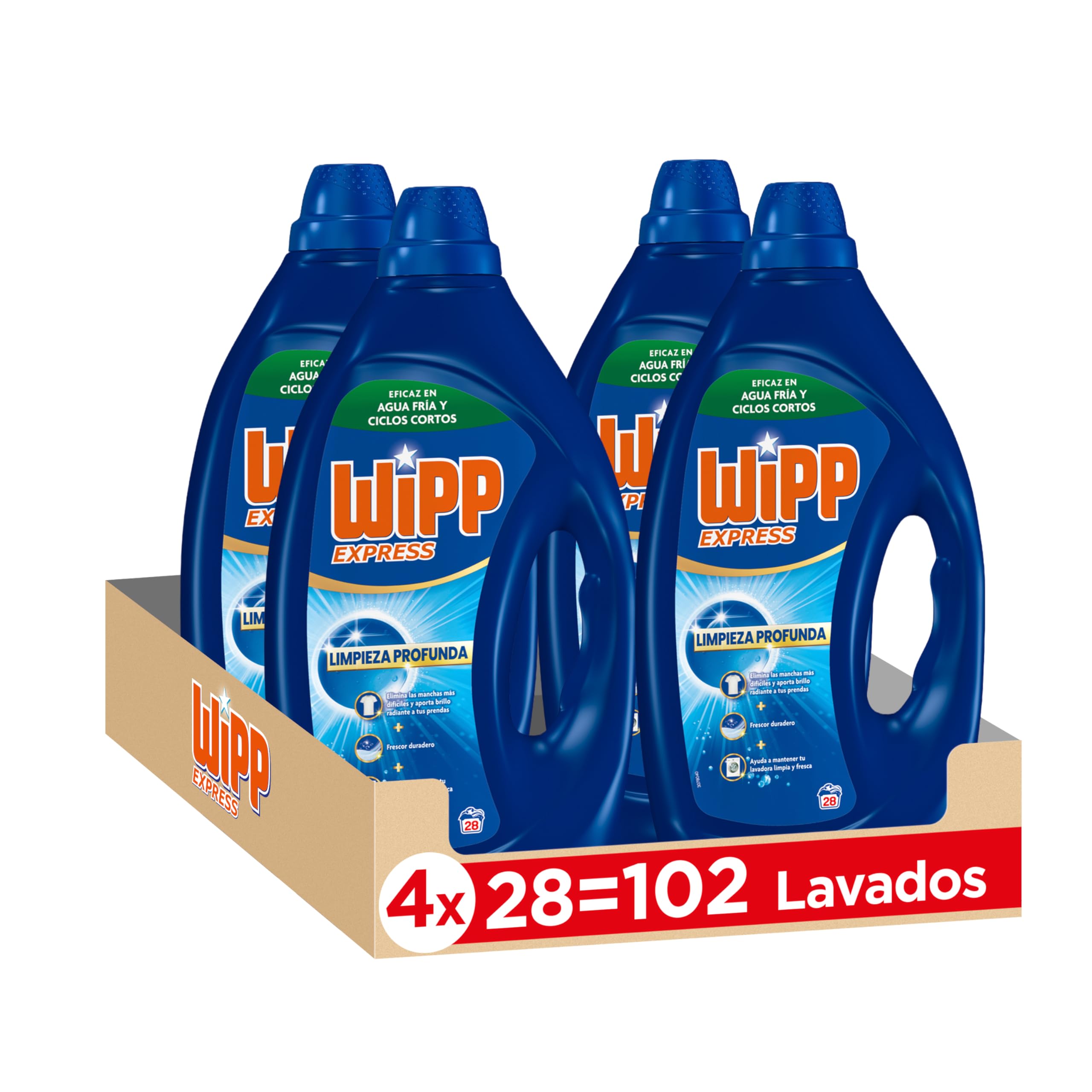 Wipp Express Limpieza Profunda Gel (4 x 1260 ml), detergente líquido con potente acción quitamanchas ropa, deja un frescor higiénico en la lavadora, apto para agua fría