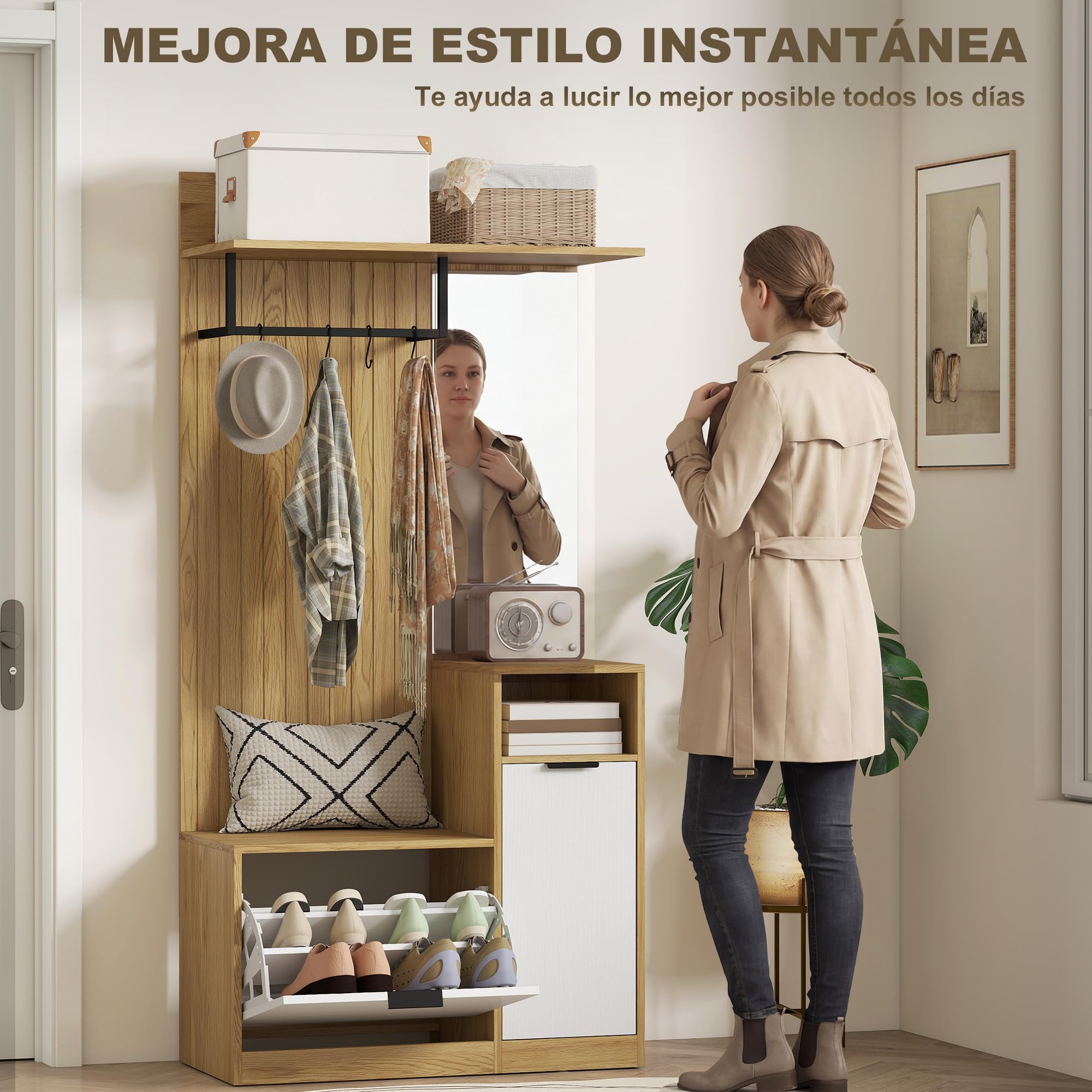 HOMCOM Perchero Zapatero, Perchero Entrada Recibidor con Zapatero, Espejo, Armario, Estantes Abiertos y 4 Ganchos, Estilo Moderno, para Pasillo Dormitorio, 80x36x168 cm, Roble