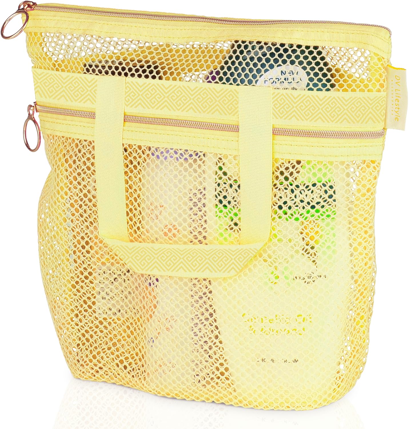 Dv Lifestyle Yellow Mesh Shower Bag 25 X 26Cm Caddy With Zipper & 2 Pockets. Quick-Dry Portable Toiletry Tote For Bathroom, Gym, Travel, Camp, Beach, For Sunscreen, Dorm & College Essentials (Yellow)