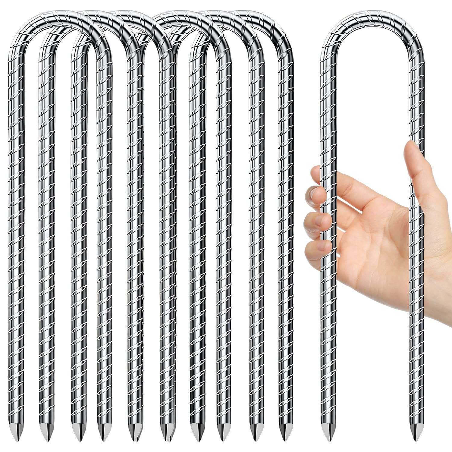 Confezione da 7 picchetti per tenda in metallo resistente, 30,5 cm, in acciaio zincato a forma di U, picchetti di ancoraggio a terra per campeggio all'aperto, trampolino, rete da calcio