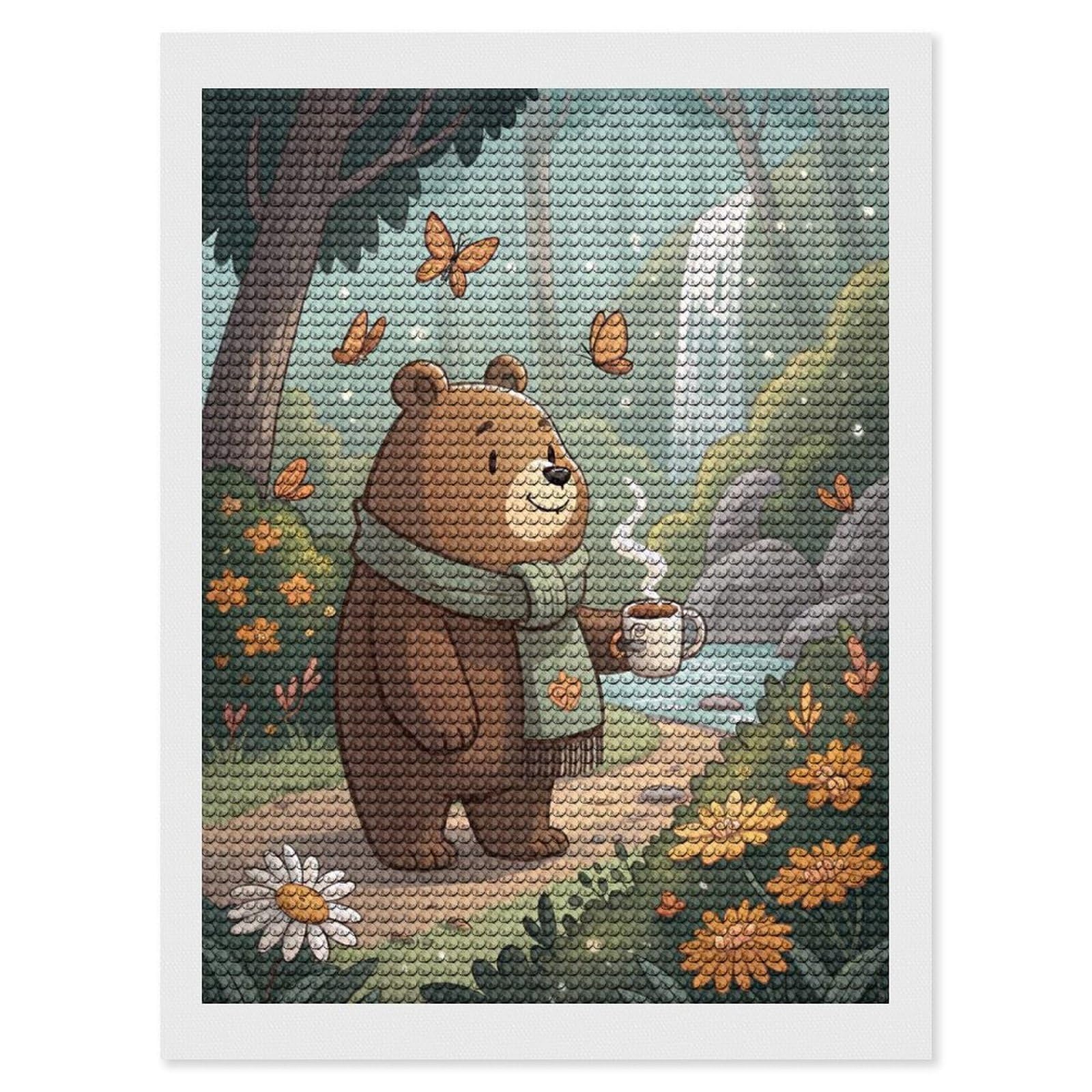 Junmoney Bear with Coffee in Forest Diamond Art Kit 12"x16", Gift Idea, for Family Craft Time, Mindful Craft Activity, Boho Decor, Relaxing DIY Hobby