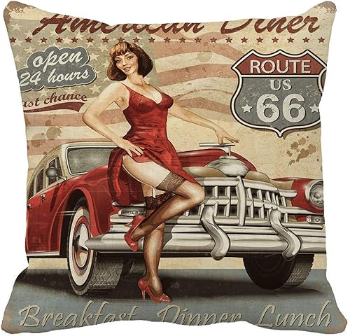 Funda de almohada retro Diner Route 66 Vintage 1950S Car 1960S 1970S 18x18 pulgadas Funda de almohada cuadrada decorativa para el hogar