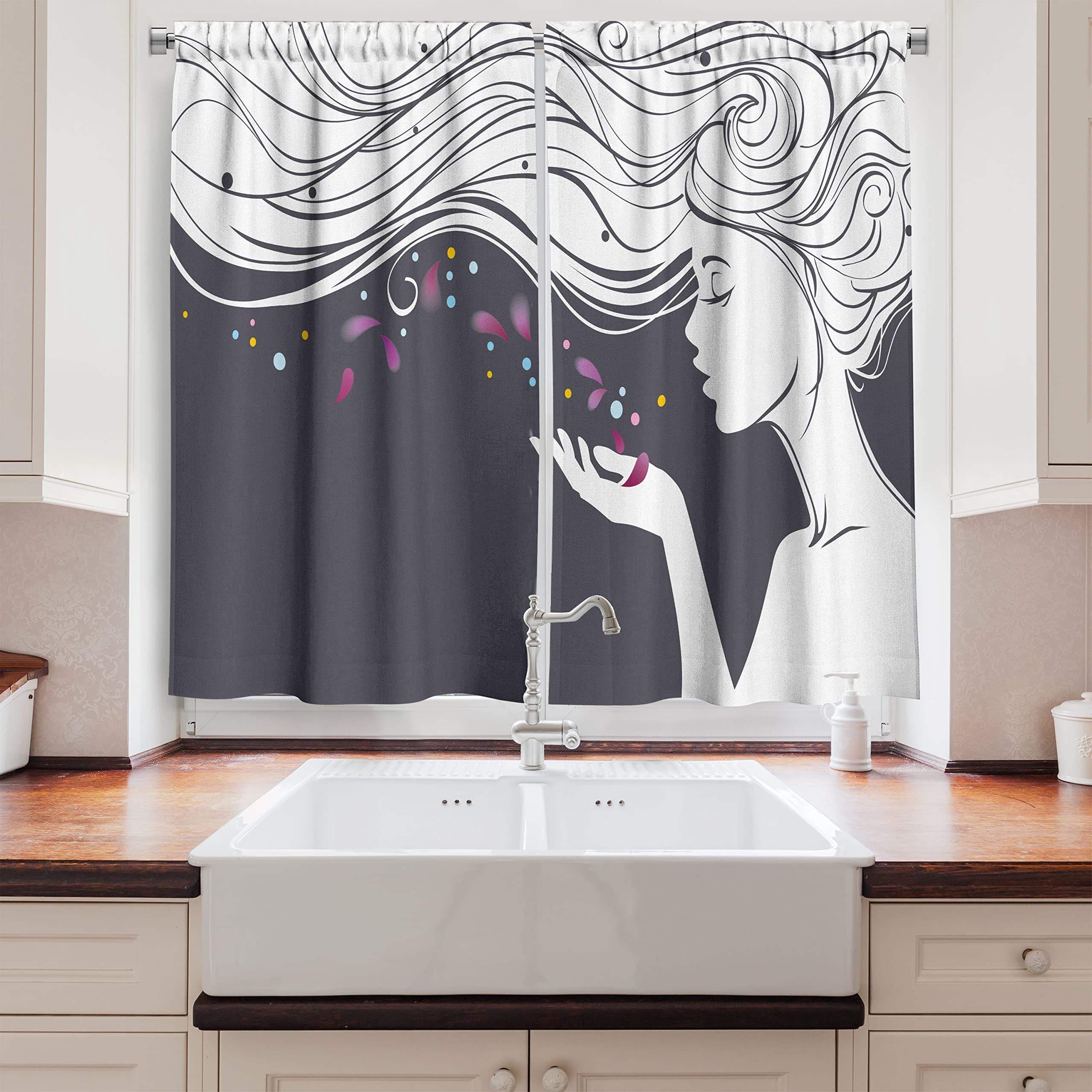 Ambesonne Nursery Airplane Kitchen Curtains, Retro Style Kids Cartoon Pattern with Aeroplanes Sunshine and White Clouds, Window Drapes 2 Panel Set for Kitchen Cafe Decor, 55