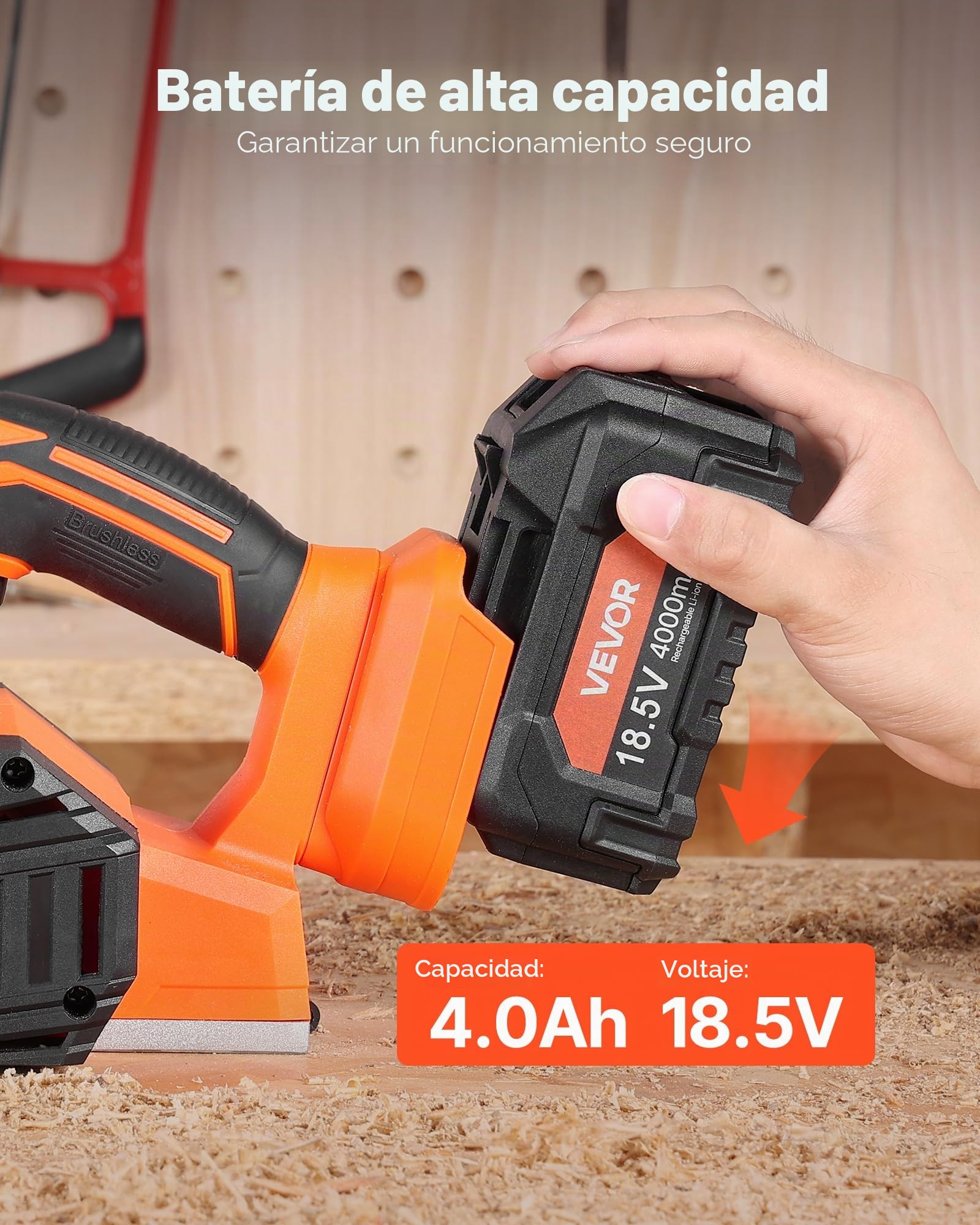 VEVOR Cepilladora Inalámbrica para Madera, Ancho de Corte 82 mm, 15 000 RPM, con Batería de Litio 4,0 Ah y 18 V, Motor sin Escobillas, Profundidad de Corte Ajustable y Bolsa de Recogida de Polvo