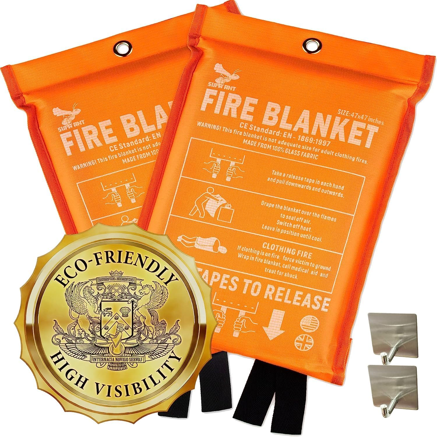 supa ant emergency fire blanket for home and kitchen - 2 pack 1500f high visibility glow in the dark smother kitchen fire blanket - ce certified hero fire blankets emergency for home 47in