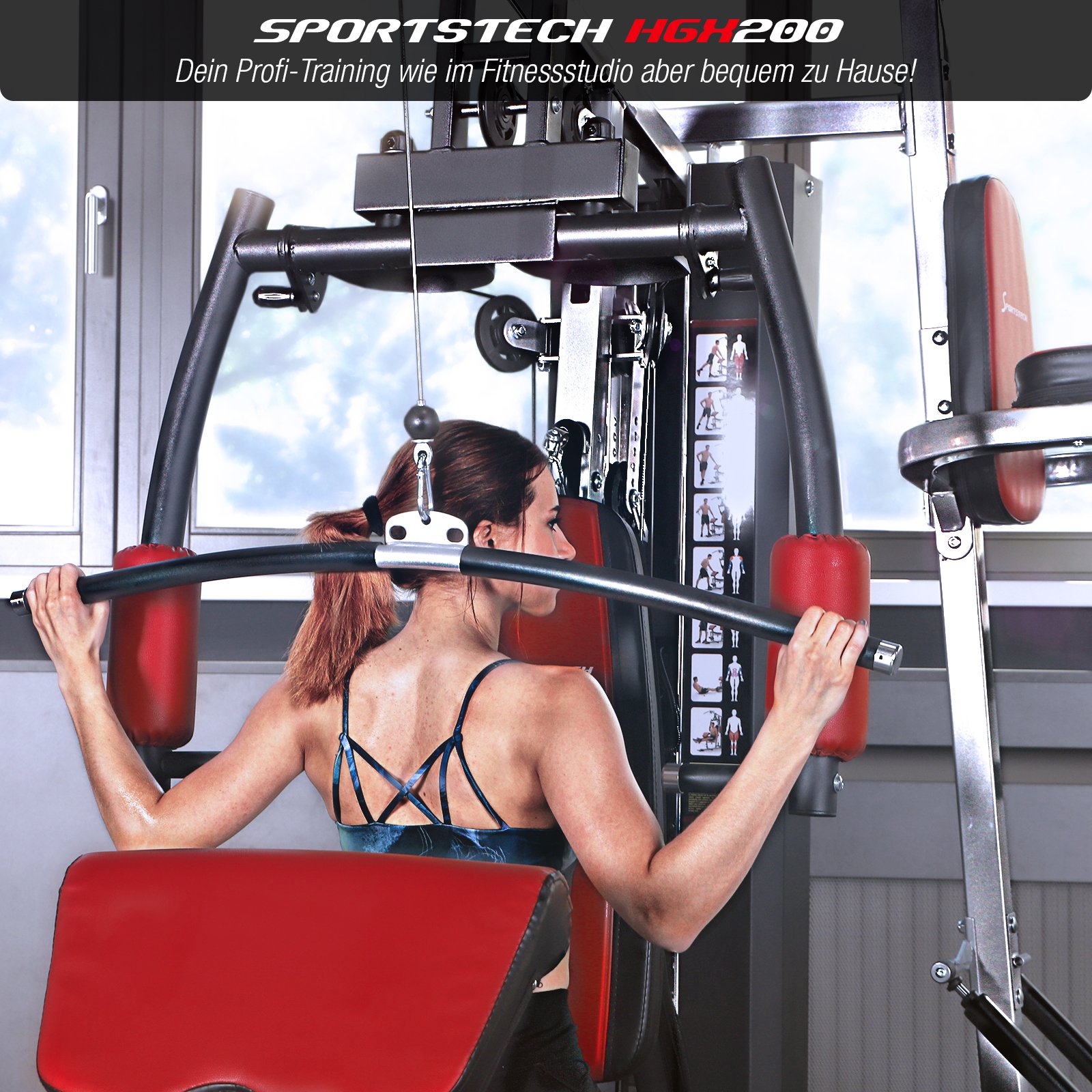 Sportstech Kraftstation für Zuhause HGX150/HGX200, Multifunktions-Homegym mit Latzug, Butterfly, Stepper & Powertower, Fitnessstation, 70kg Trainingsgewicht für Ganzkörpertraining & Muskelaufbau