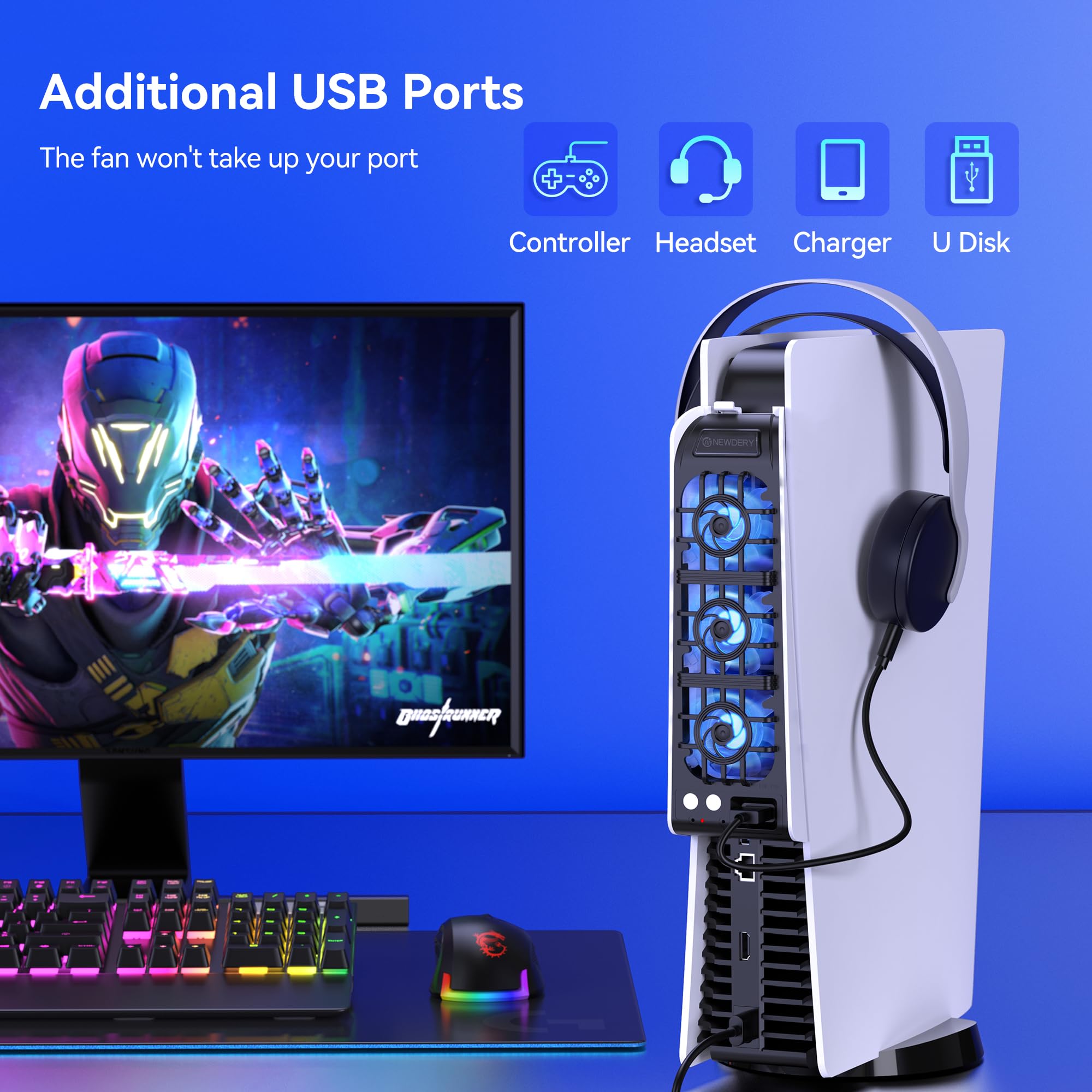 NEWDERY Ventilador para Accesorios de PS5. Ventilador silencioso Mejorado, Velocidad Ajustable automáticamente según la Temperatura, luz RGB dinámica, Compatible con PlayStation 5