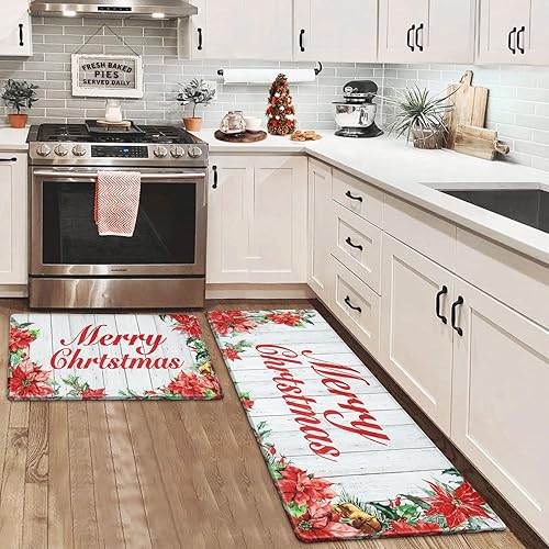 Miniatura 8 de KIMODE Juego de 2 alfombras y tapetes de cocina de Feliz Navidad, antideslizantes, antideslizantes, tapetes de cocina rojos florales para piso,