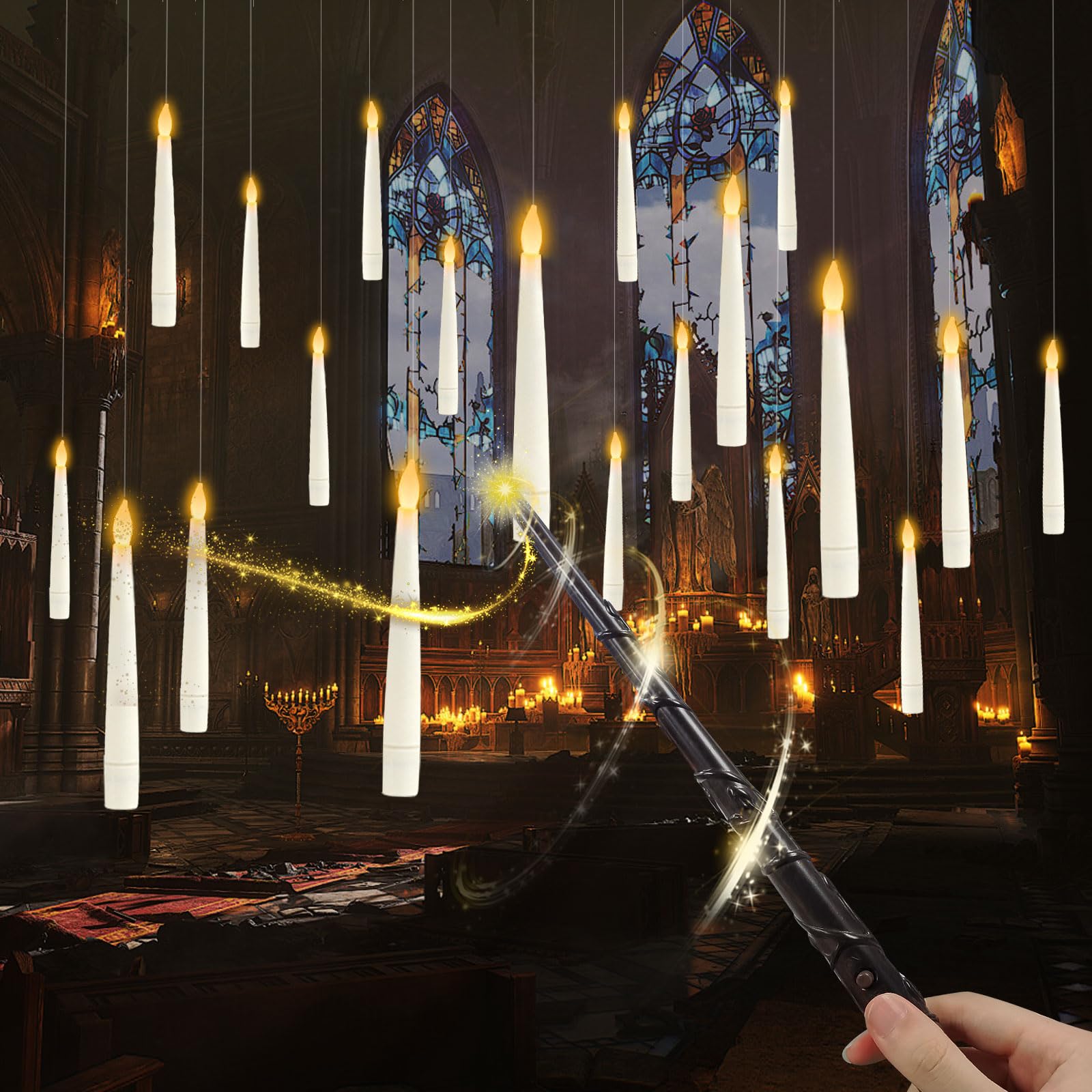 Floating Candles, 20 Pezzo 16.8 CM Candele Sospese con Telecomando Bacchetta, Candele Fluttuanti Har-ry Potter per Decorazioni di Halloween, Candele Led Halloween