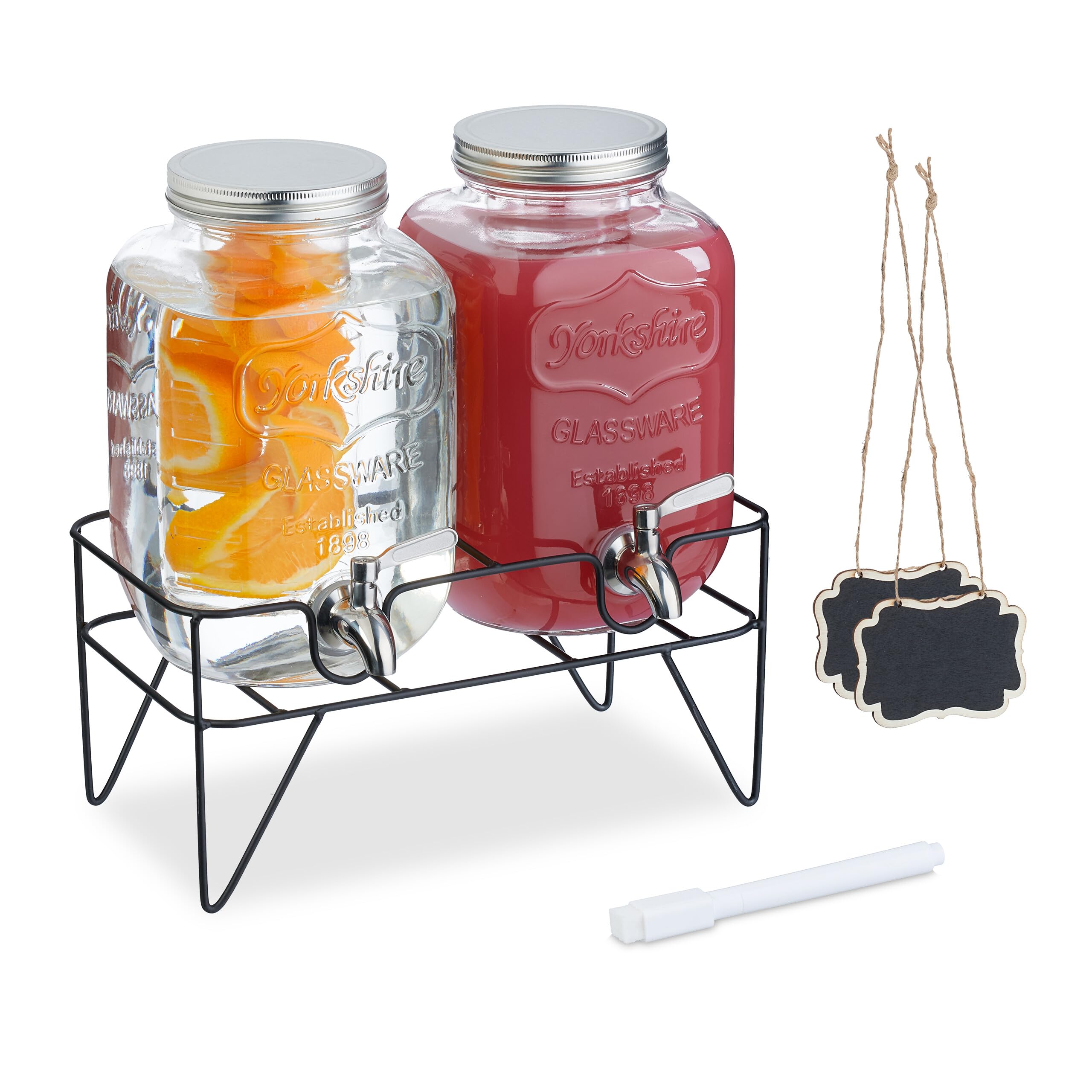 Relaxdays 2 Dispenser in Vetro per Bevande, Erogatore con Rubinetto in Acciaio Inox 4 L, Distribuitore Acqua e Limonate