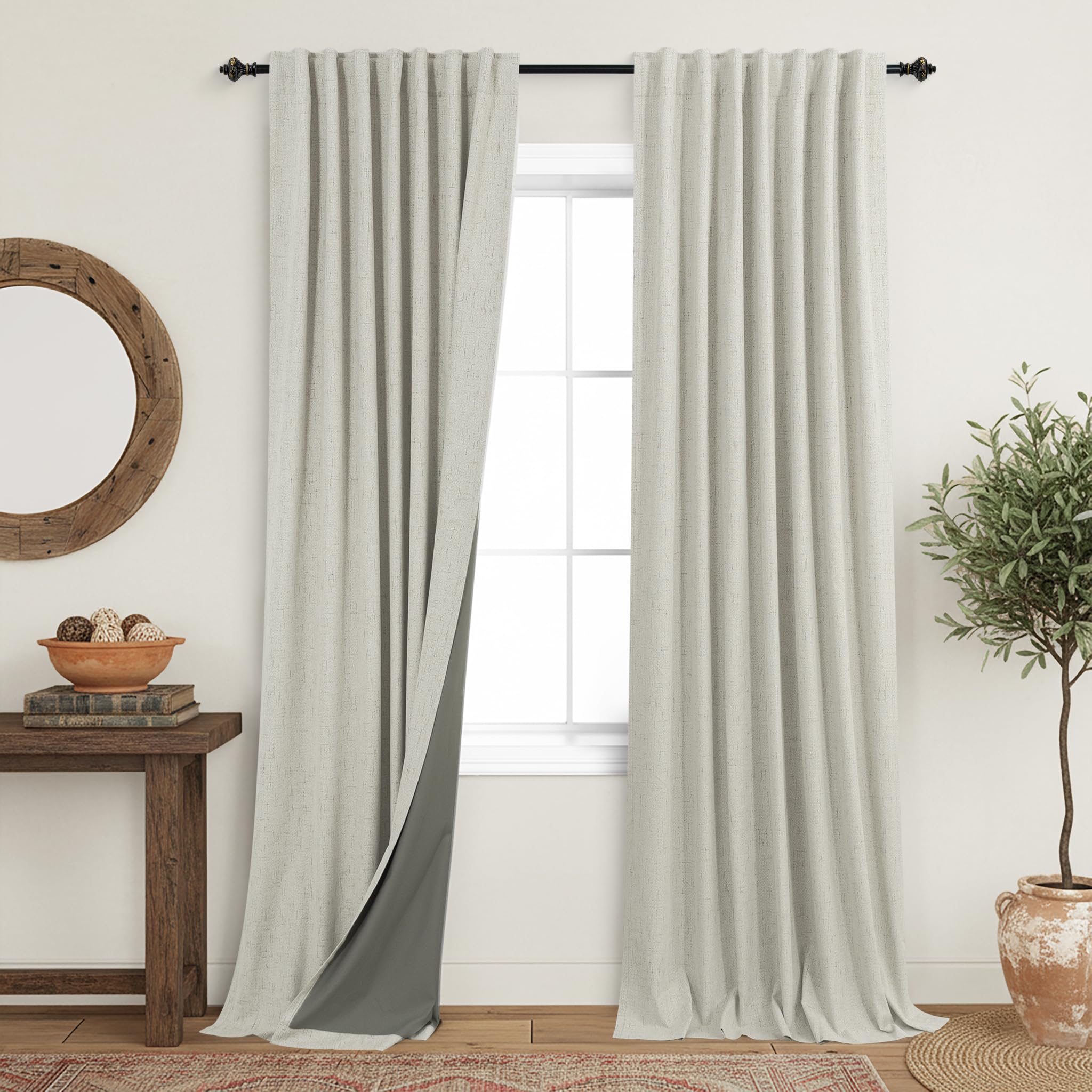 Rustic Oatmeal Beige Blackout Curtains, Primitive Burlap Curtains, Vintage Looking Faux Linen Natural Fabric Plain Solid Color Farmhouse Style