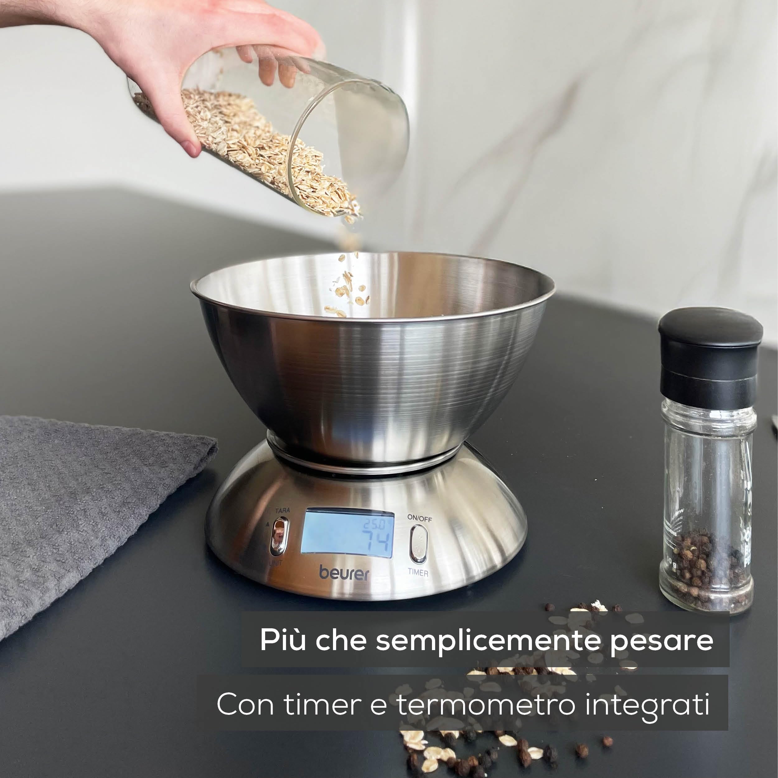 Beurer KS 54 Bilancia da Cucina, con Ciotola in Acciaio Inox Spazzolato Lavabile in Lavastoviglie, Timer Impostabile, Termometro ambientale integrato, Funzione Tara