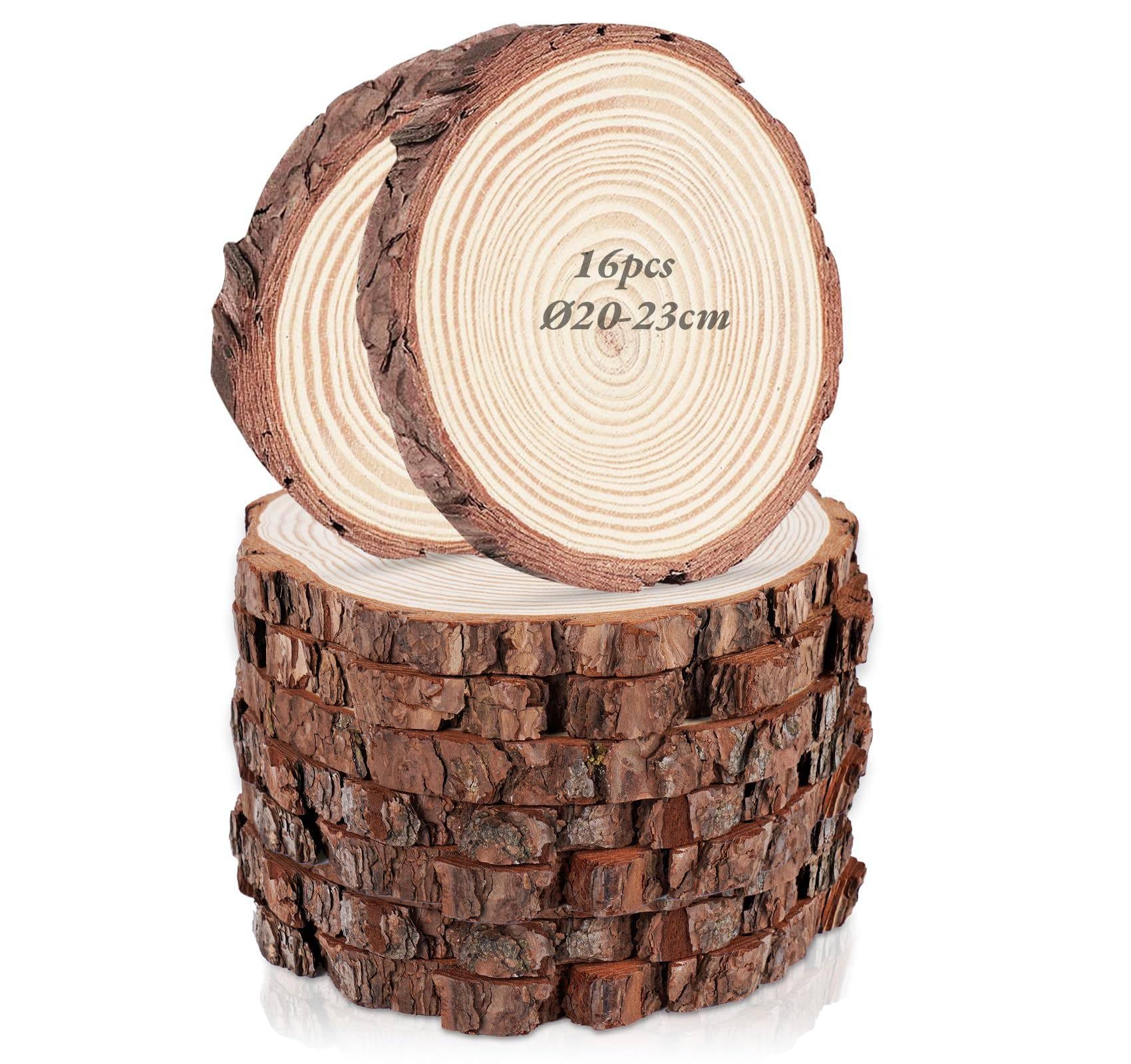 16er Set Holzscheiben 20 cm Durchmesser, Baumscheiben Naturholz mit Rinde, 15 mm Dick, Runde Holzscheiben zum Basteln, Ungebohrt für DIY, Lasergravur, Hochzeit, Tischdeko & Holzscheiben Deko