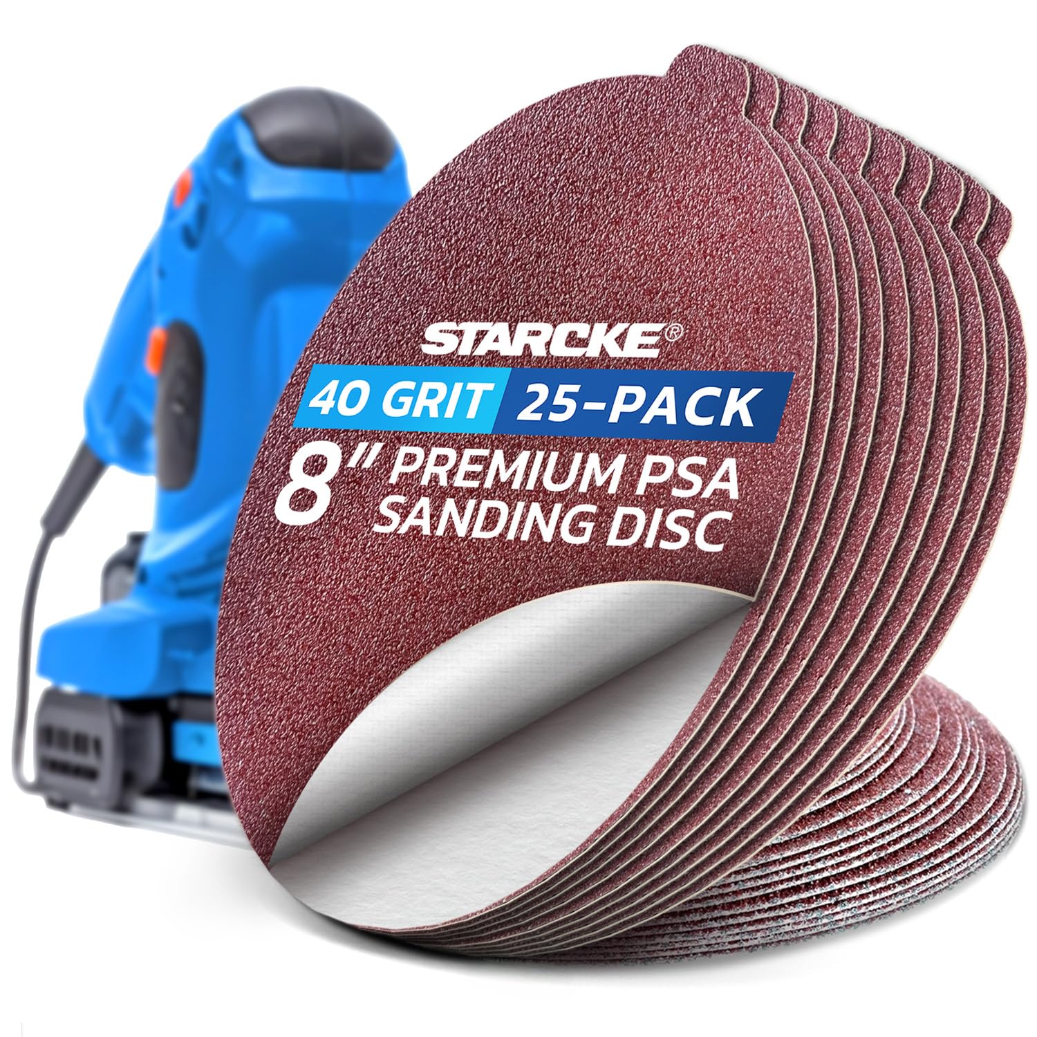 8 inch Sanding Disc Self Stick Orbital Sander Pads 25 Pack No Hole - Premium 40 Grit Sandpaper Discs Aluminum Oxide, Durable PSA Sand Paper, Round
