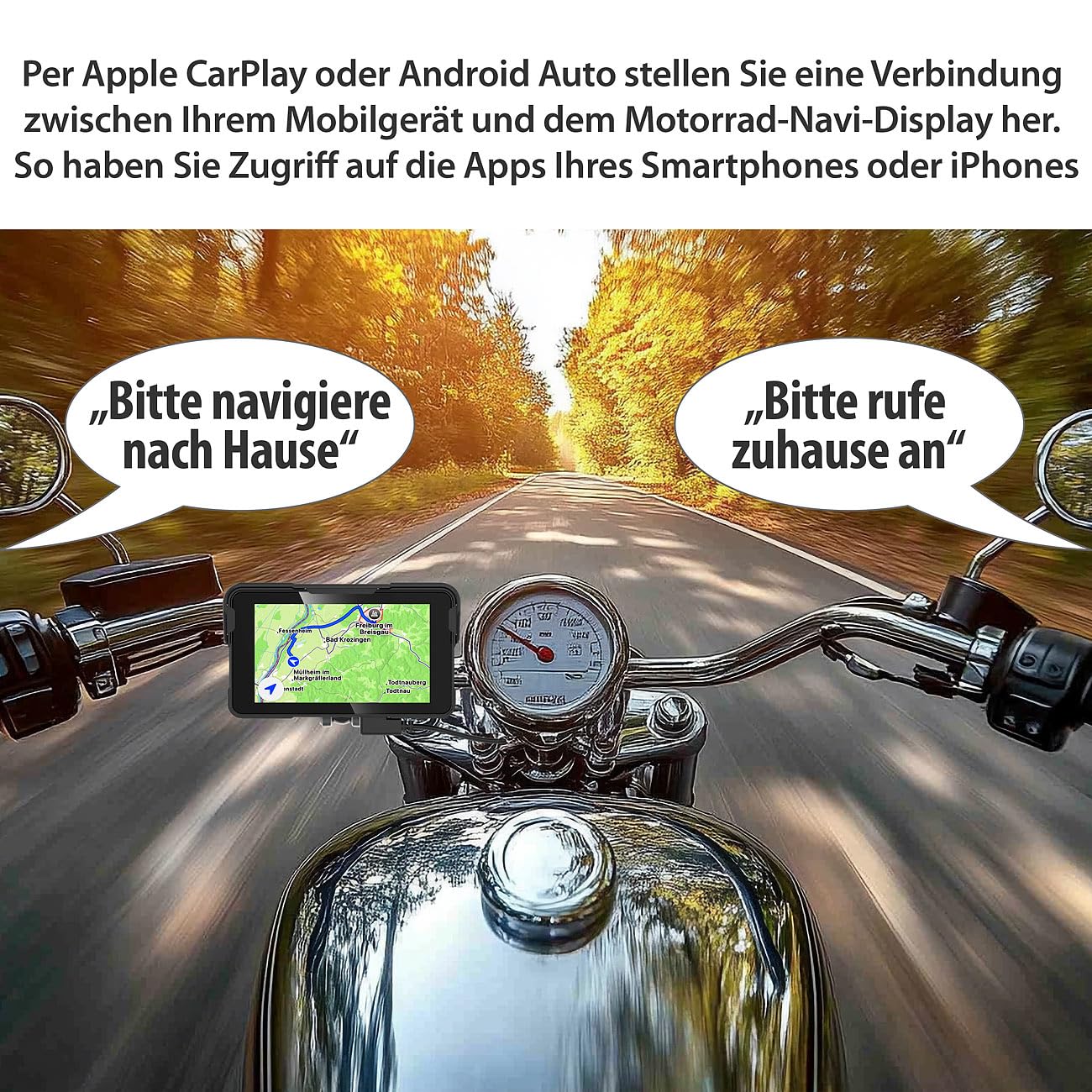 Lescars Motorrad Navigation: Motorrad-Navi-Display mit 5"/12 cm, CarPlay- & Android Auto-kompatibel (Navigationssystem, Navi Apple Carplay, GPS)