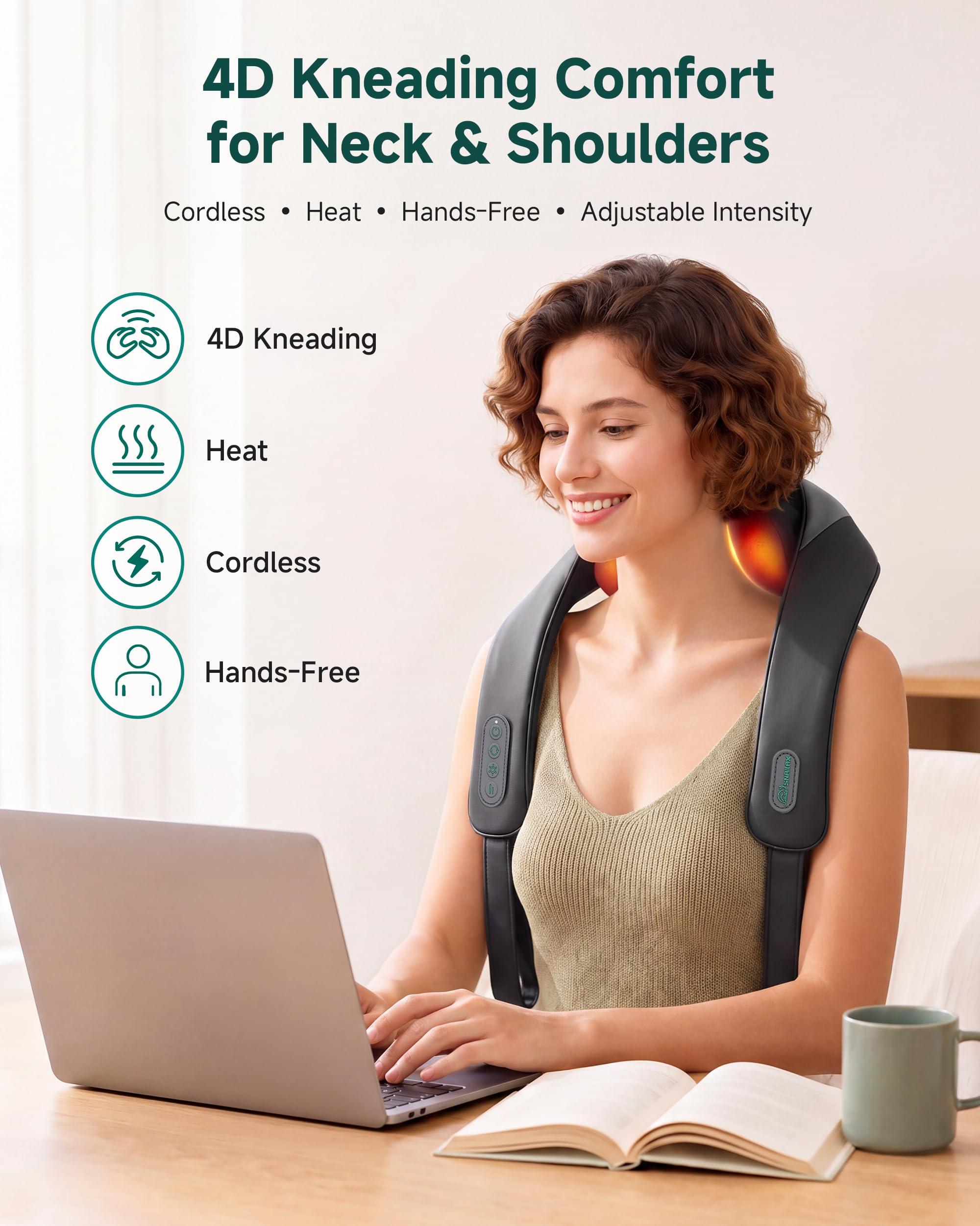 Snailax Masajeador inalámbrico de cuello y hombros con calor relajante, amasamiento profundo 6D mejorado, almohada masajeadora de espalda Shiatsu para cuello, trampas, regalos para hombres, mujeres