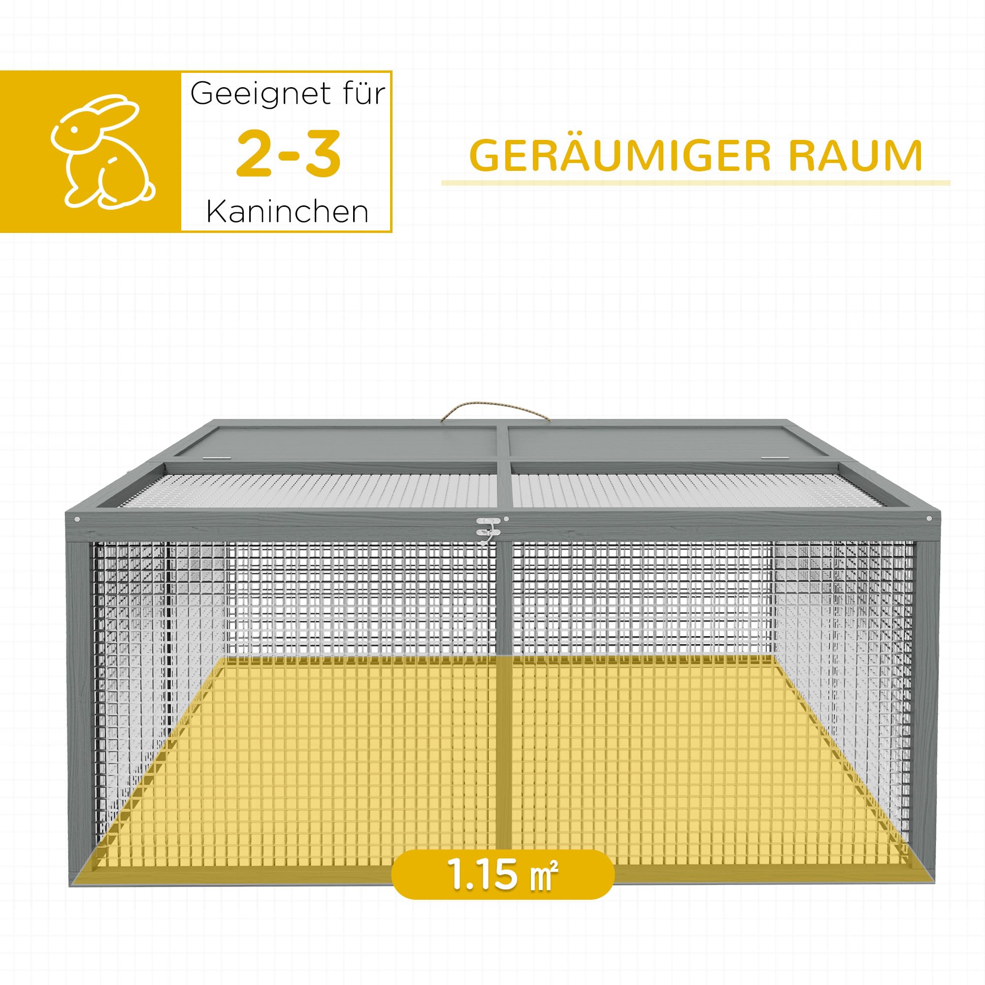 PawHut Hasenstall Klappbar Kaninchenstall aus Holz 110 x 105 x 50 cm Kaninchenkäfig mit aufklappbarem Dach, Freilaufgehege, Griff, Stahlgitter, Hasenkäfig für Meerschweinchen Outdoor Grau