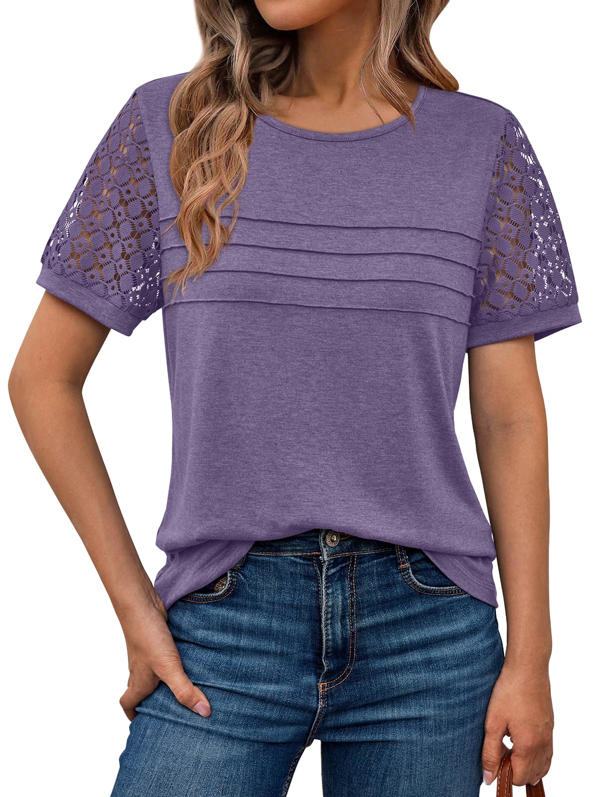 AUTOMET Short Sleeve Tops for Women Summer Dressy Casual Shirts 2026 Blouse | Business Casual Lace T Shirts, School Work Teacher Outfits, Spring Summer Fashion Clothes, Cute Plus Size Trendy Tops Small Purple