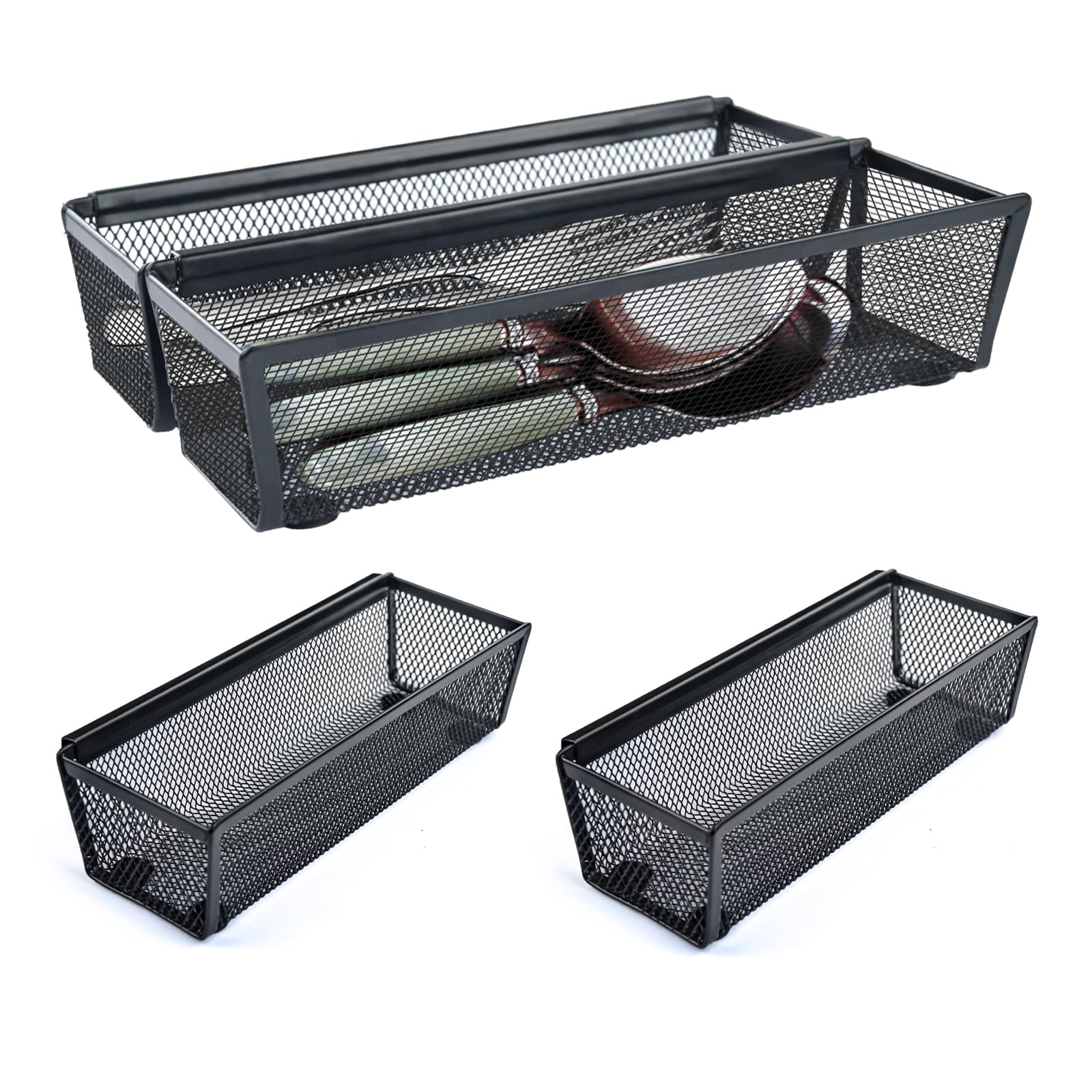 Fodofodo 4PCS Drawer Organizer, Mesh Drawer Organizer with Interlocking Arm for Utensil, Cosmetic, Flatware, Pen (9 * 3 * 2 Inches, Black)