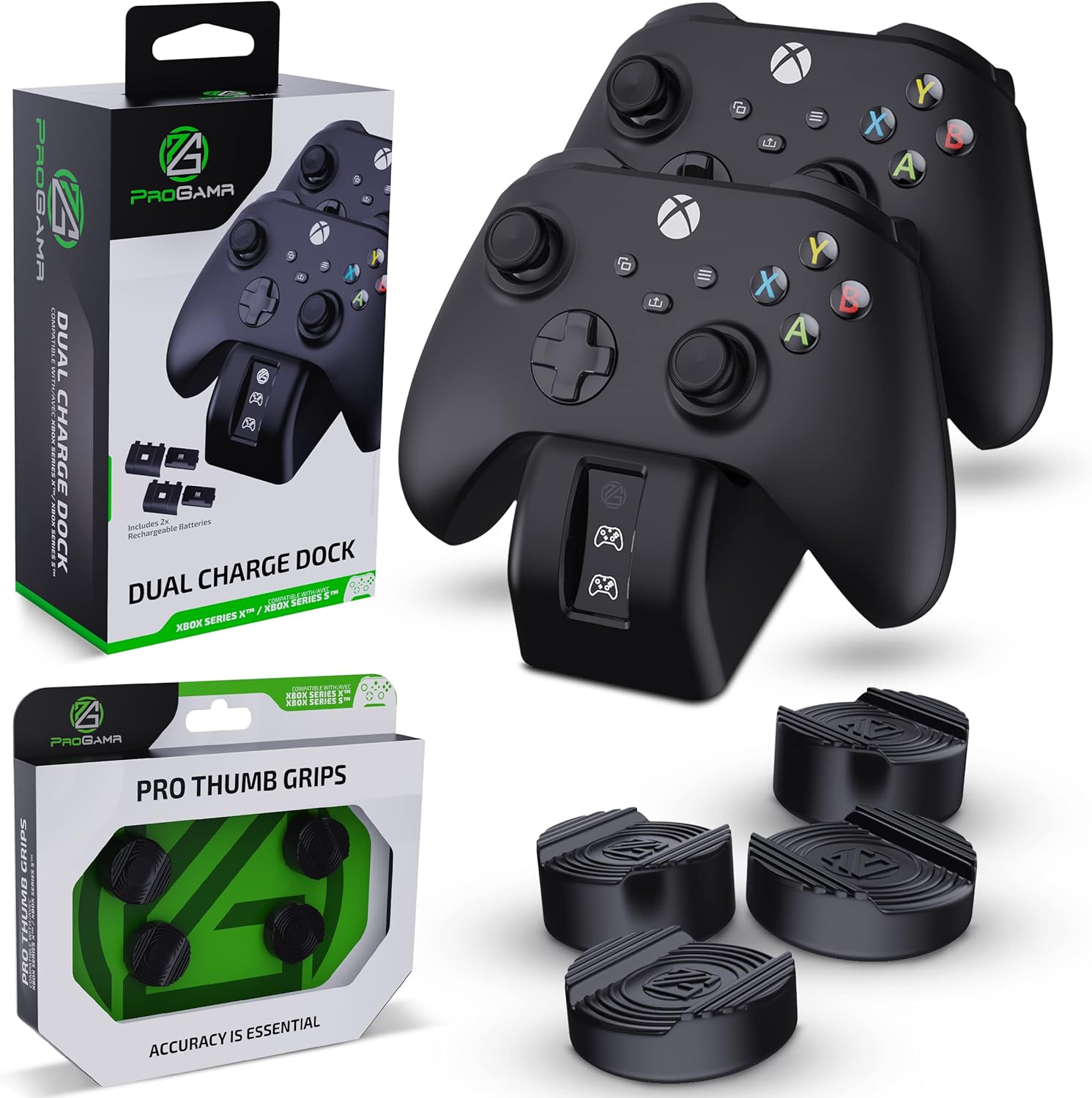 ProGAMR Xbox Controller Charger Station & Xbox Controller Thumb Grips - Bundle Fast Charging Xbox Charging Station for Xbox Controllers with 2 x Xbox Rechargeable Battery Pack, and 4 Xbox Thumb Grips