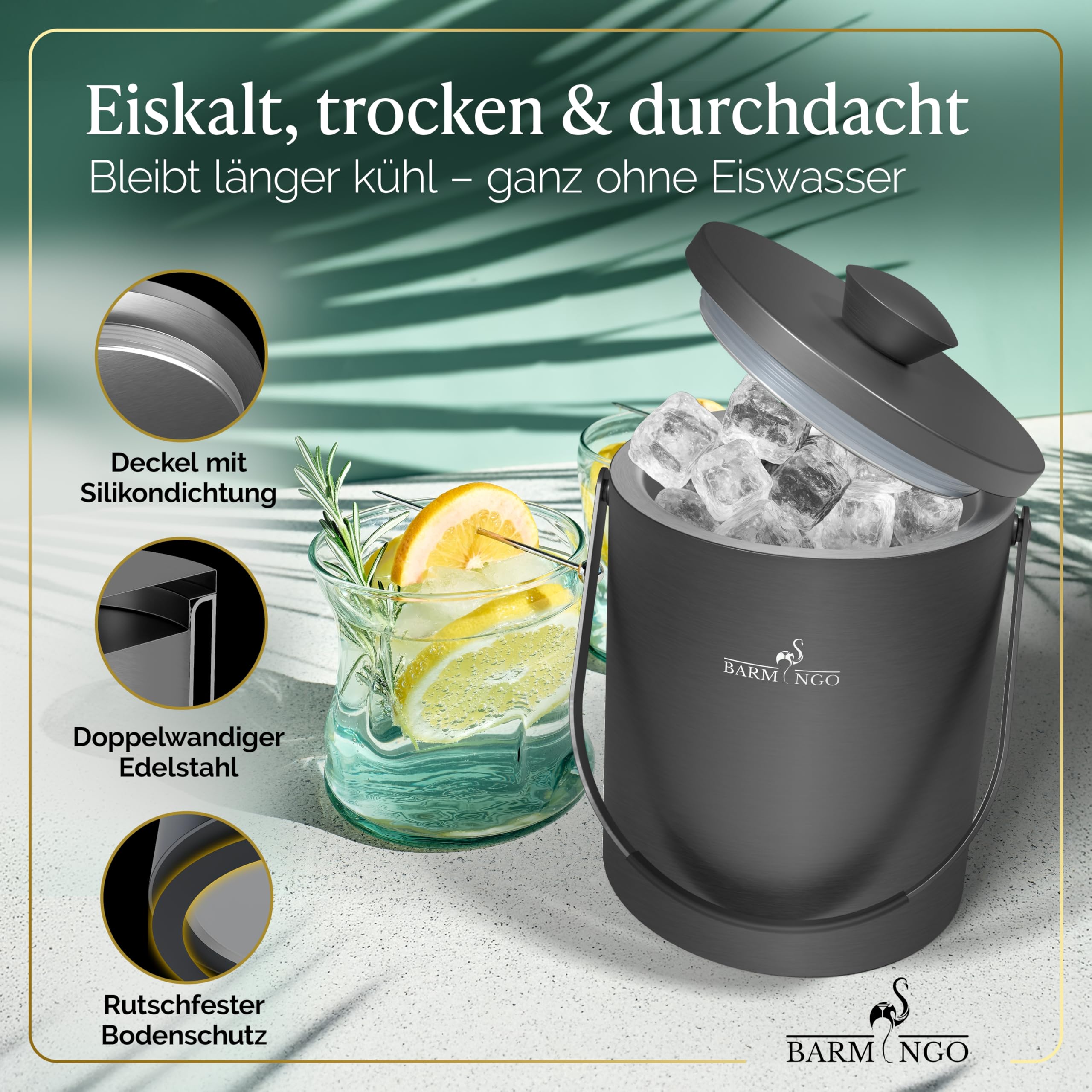 Cubitera de acero inoxidable con tapa, 2 l, para cubitos de hielo con colador, molde para cubitos de hielo y pinzas, doble pared, aislado, libre de BPA