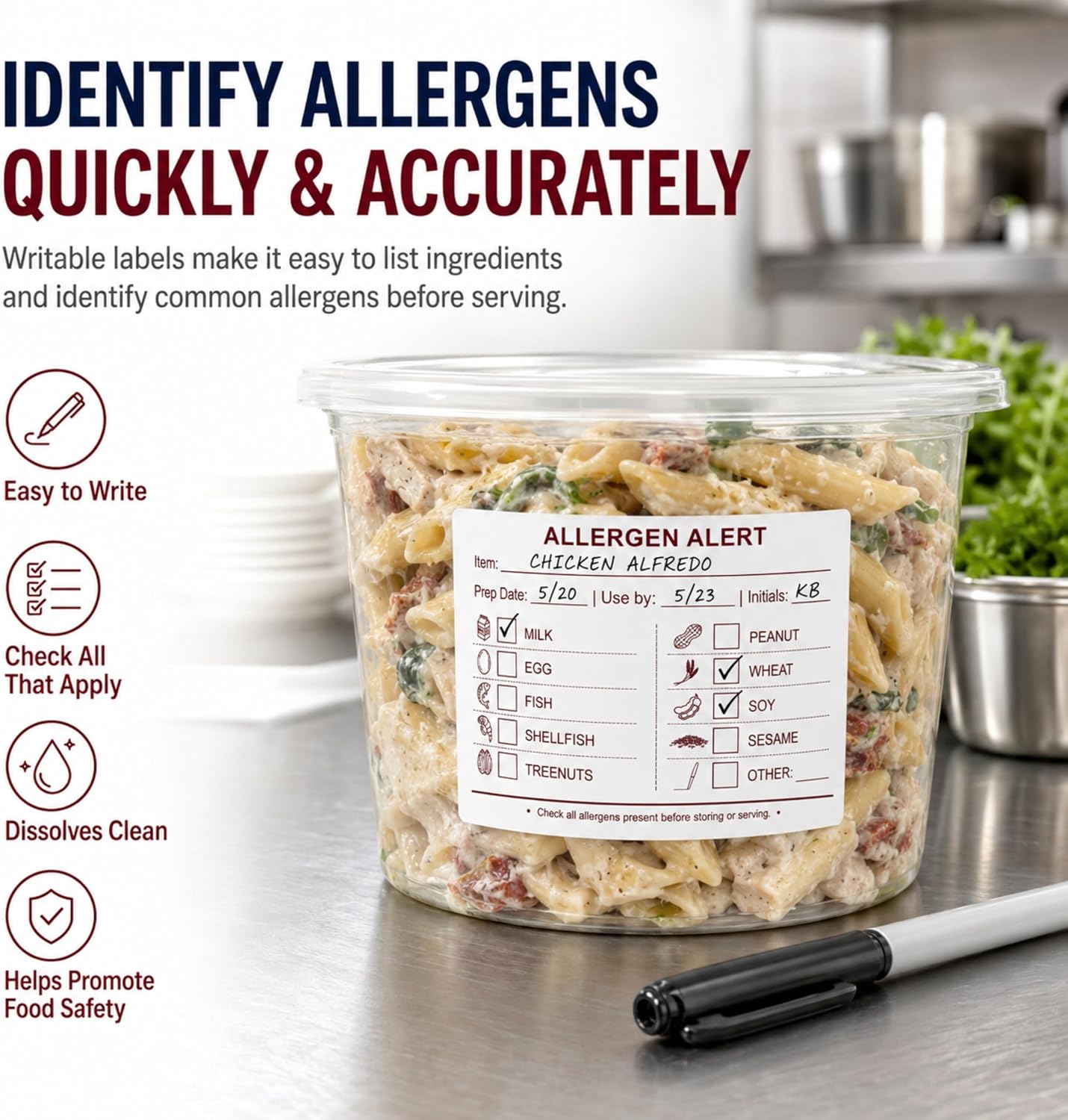 Water Dissolvable Allergen Food Labels, 2 x 3, 500/Roll | Big 9 Food Prep Allergy Alert Stickers with Milk, Egg, Fish, Shellfish, Tree Nut, Peanut, Wheat, Soy and Sesame. Made in USA