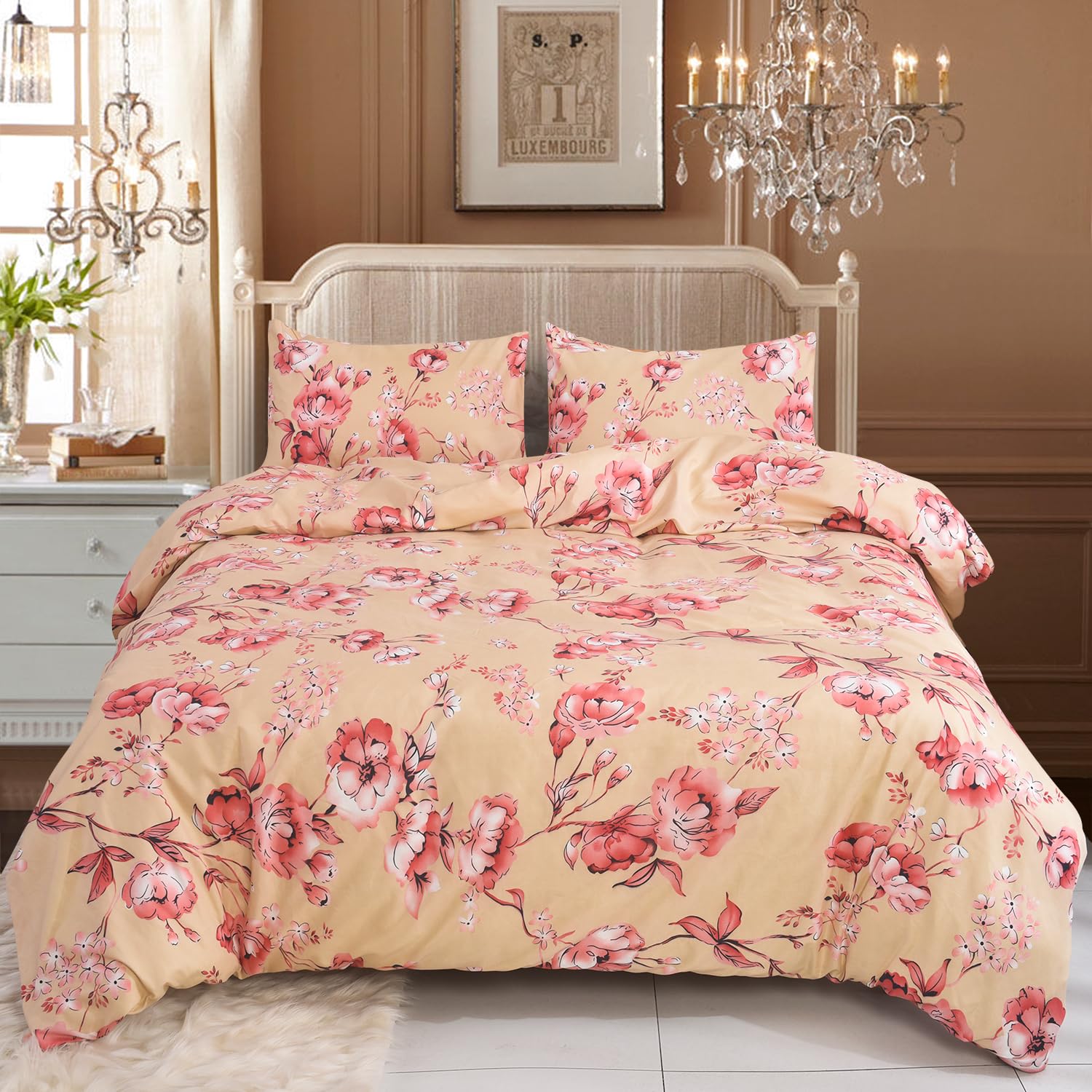 CHARKHAH 4 Piece Reversible Printed Bedding Set Includes 1 Duvet Cover, 1 Deep Fitted Sheet & 2 Pillowcases – Soft Microfibre Easy Care Quilt Cover Set for All Seasons (Floral Peach, Single)
